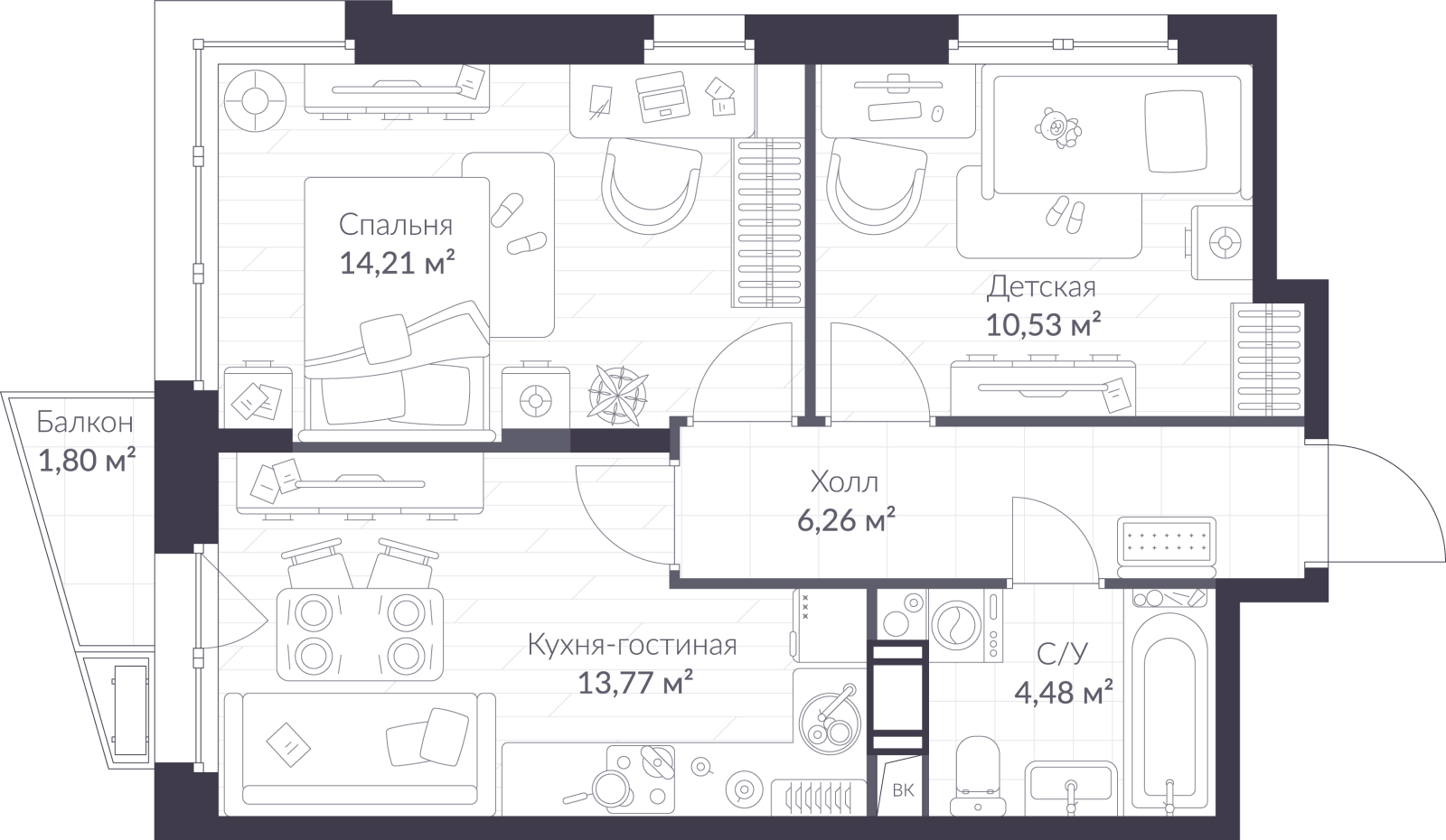 Планировка: 3-комнатная квартира, 49,8 м²