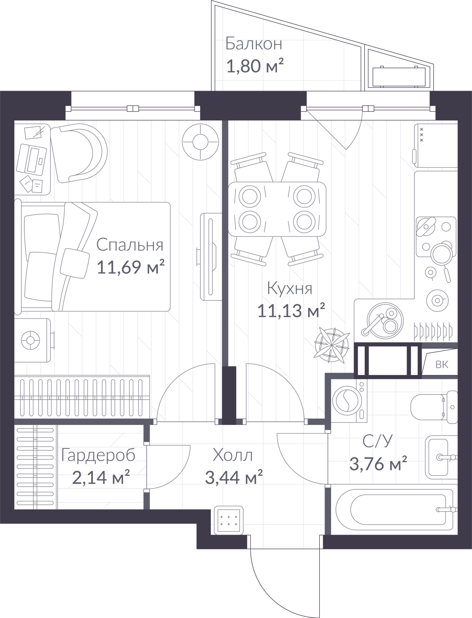 Планировка: 1-комнатная квартира, 32,7 м²