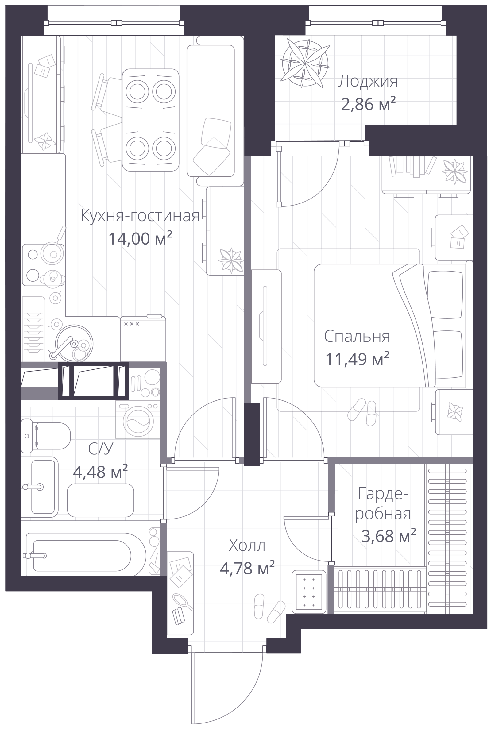 Планировка: 2-комнатная квартира, 40,0 м²
