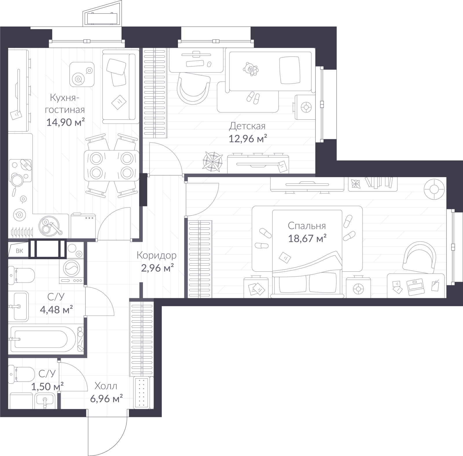 Планировка: 3-комнатная квартира, 62,4 м²