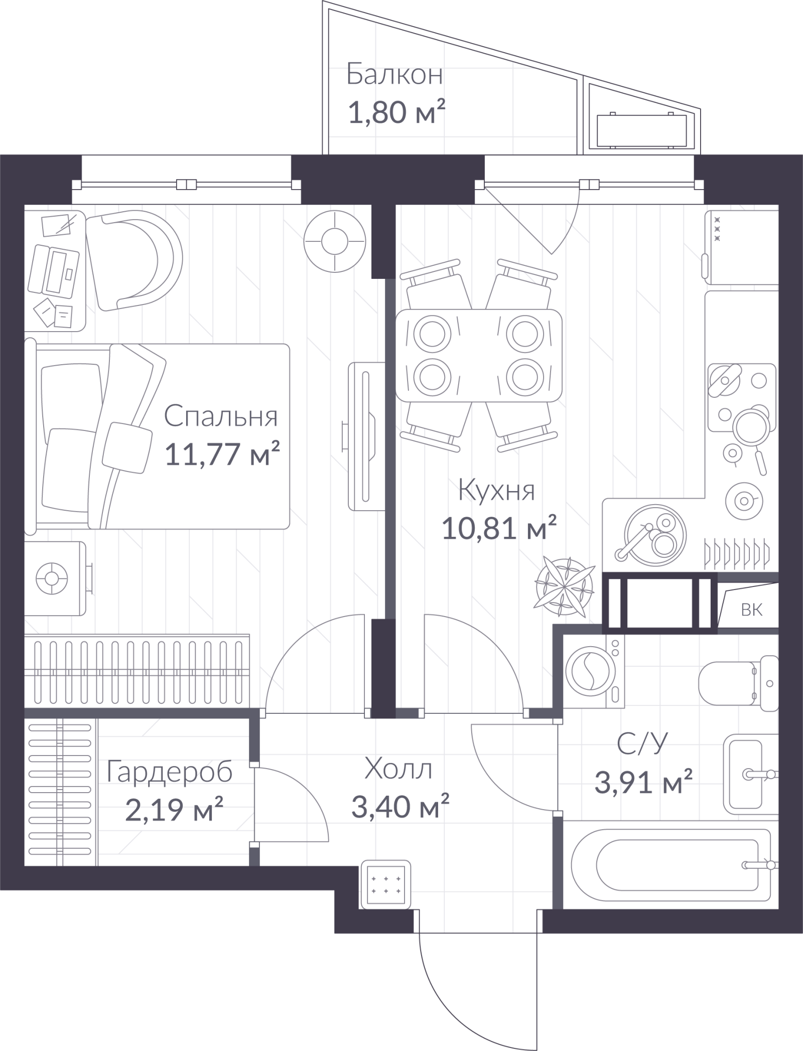 Планировка: 1-комнатная квартира, 32,6 м²
