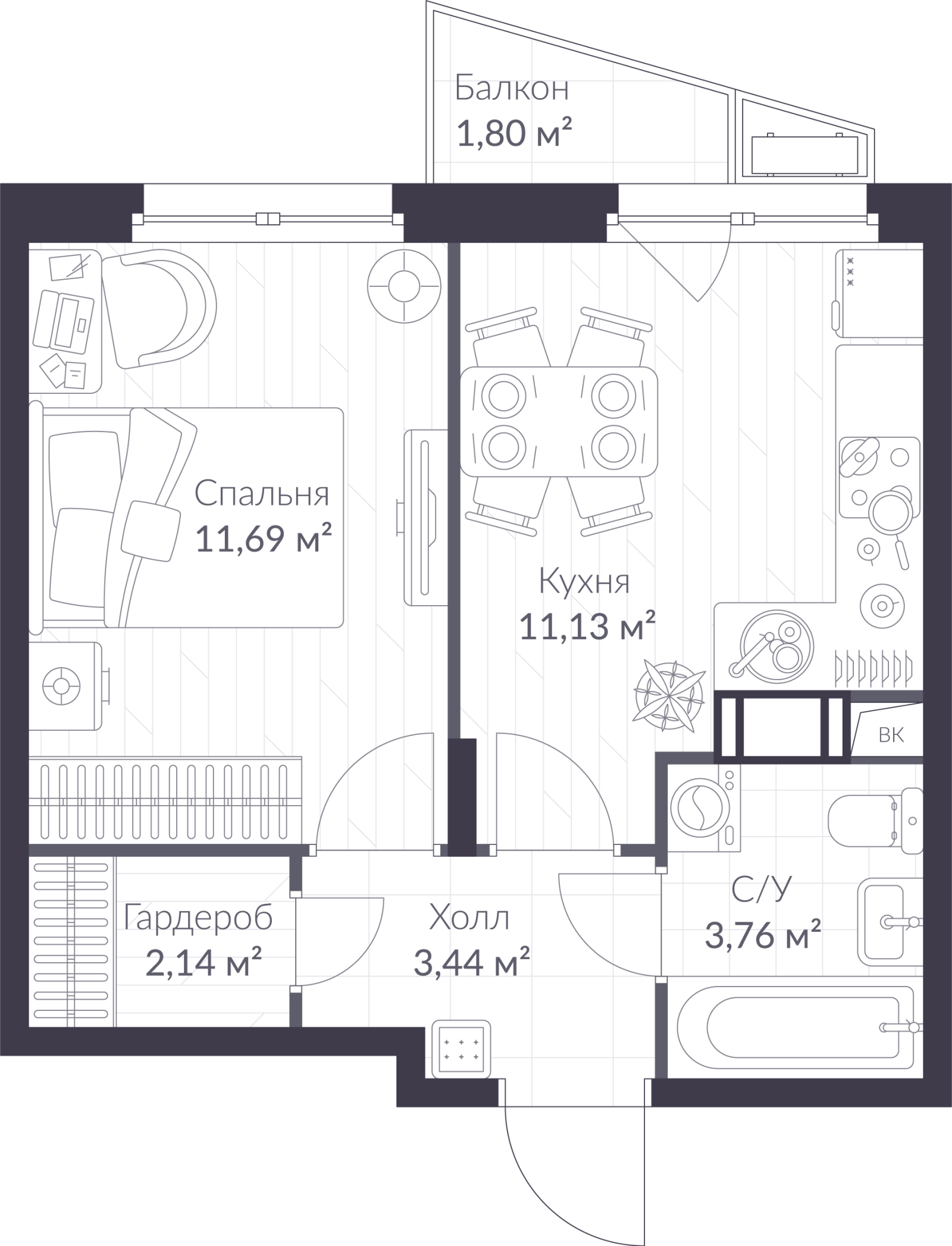 Планировка: 1-комнатная квартира, 32,7 м²
