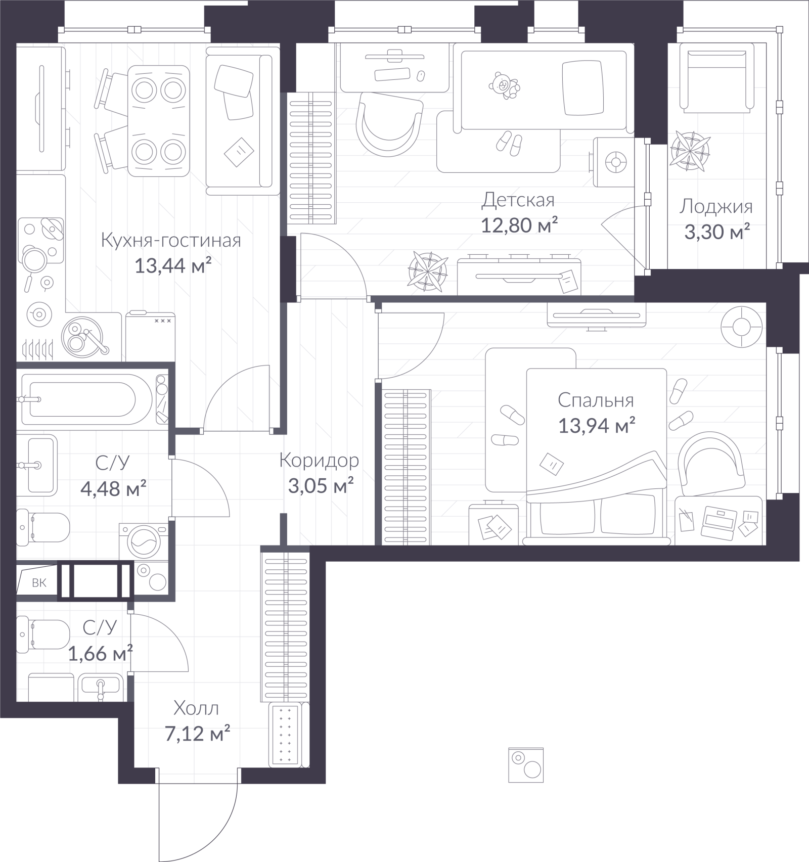 Планировка: 3-комнатная квартира, 58,1 м²