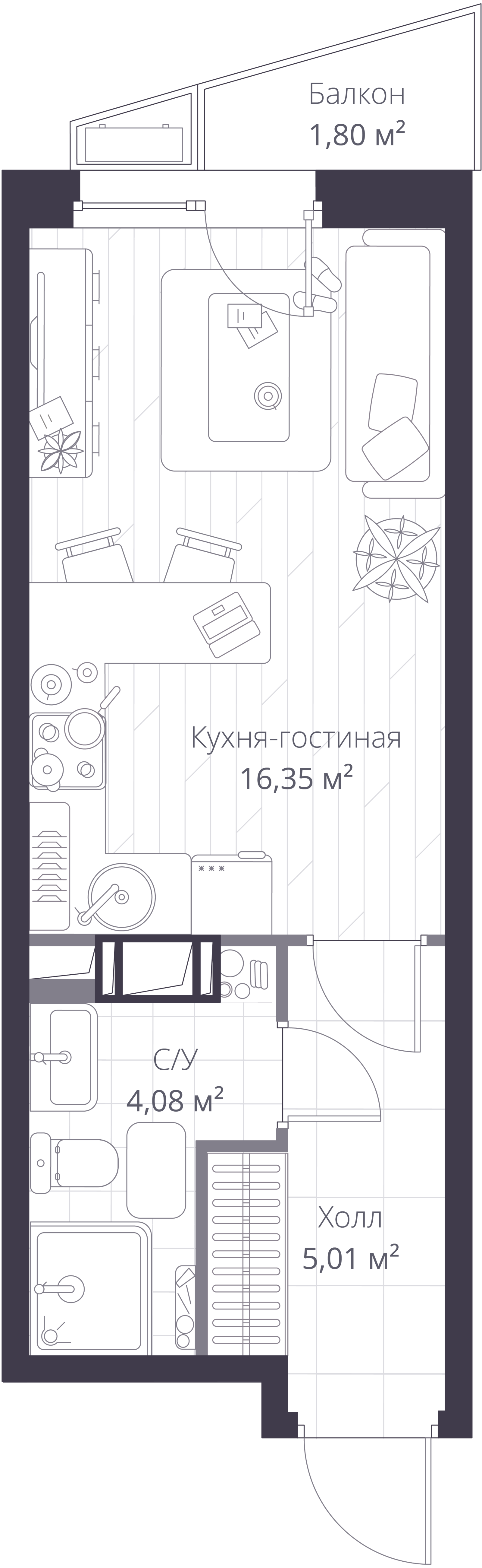 Планировка: студия, 26,1 м²