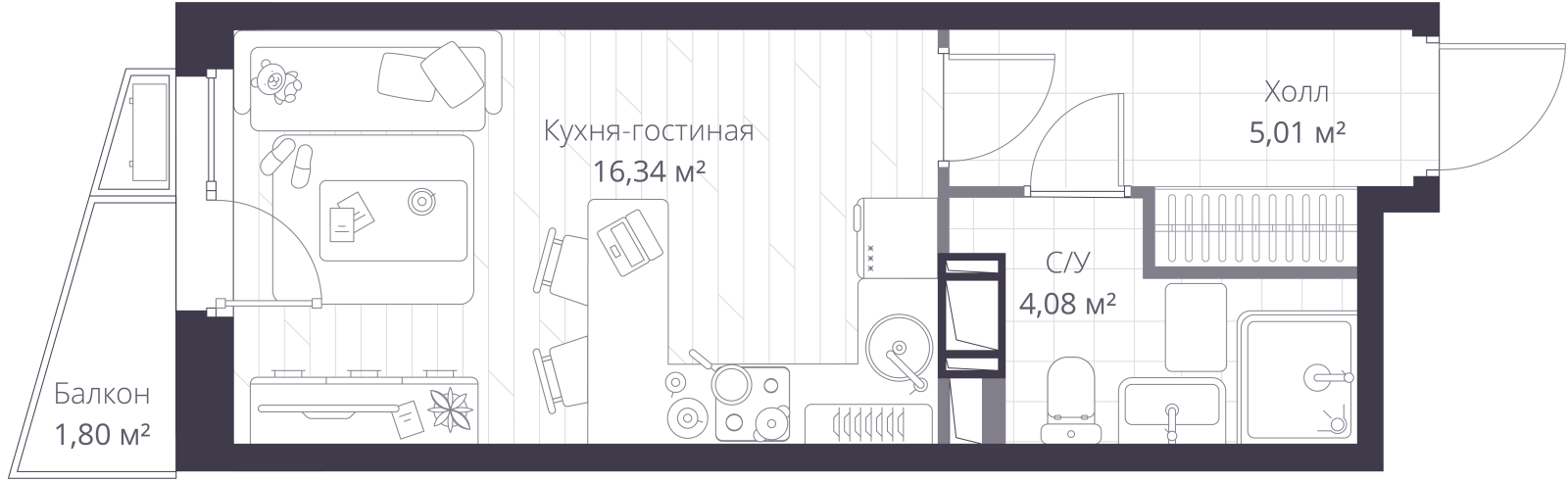 Планировка: студия, 26,1 м²
