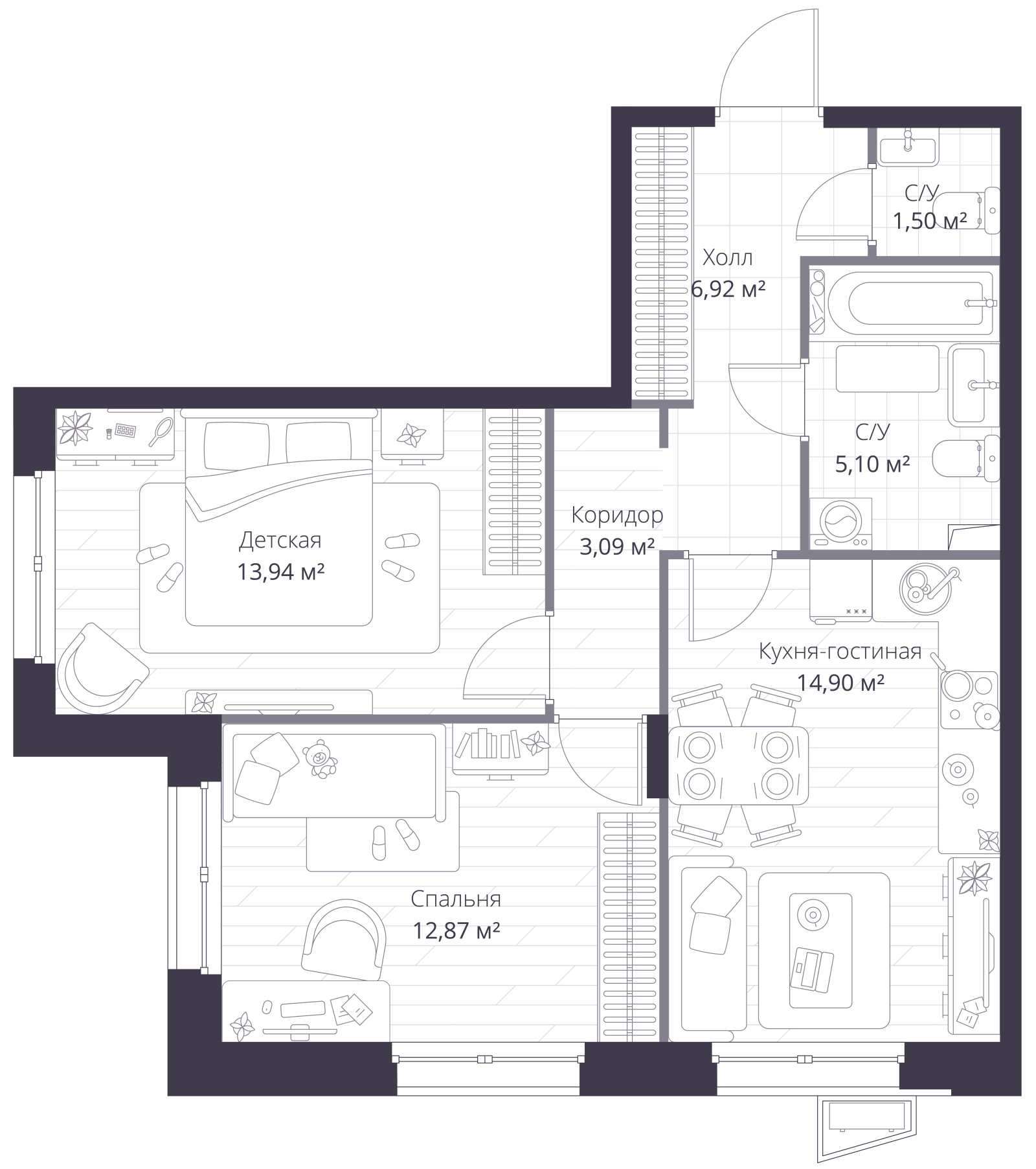 Планировка: 3-комнатная квартира, 57,0 м²