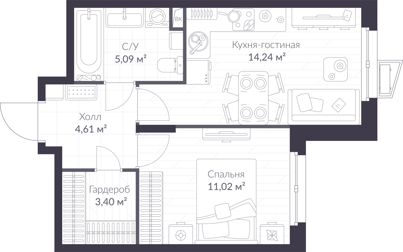Планировка: 2-комнатная квартира, 38,4 м²