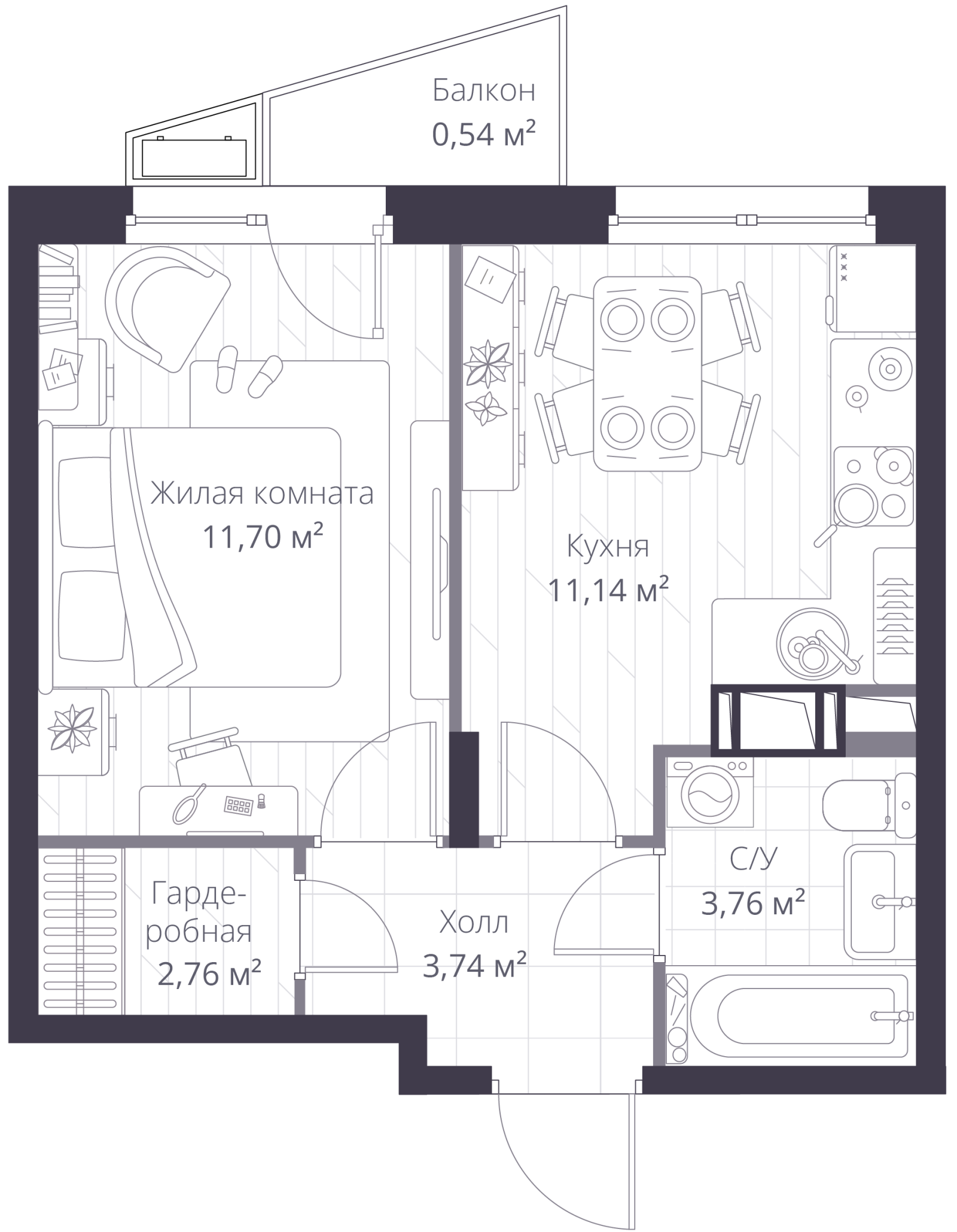 Планировка: 1-комнатная квартира, 33,8 м²