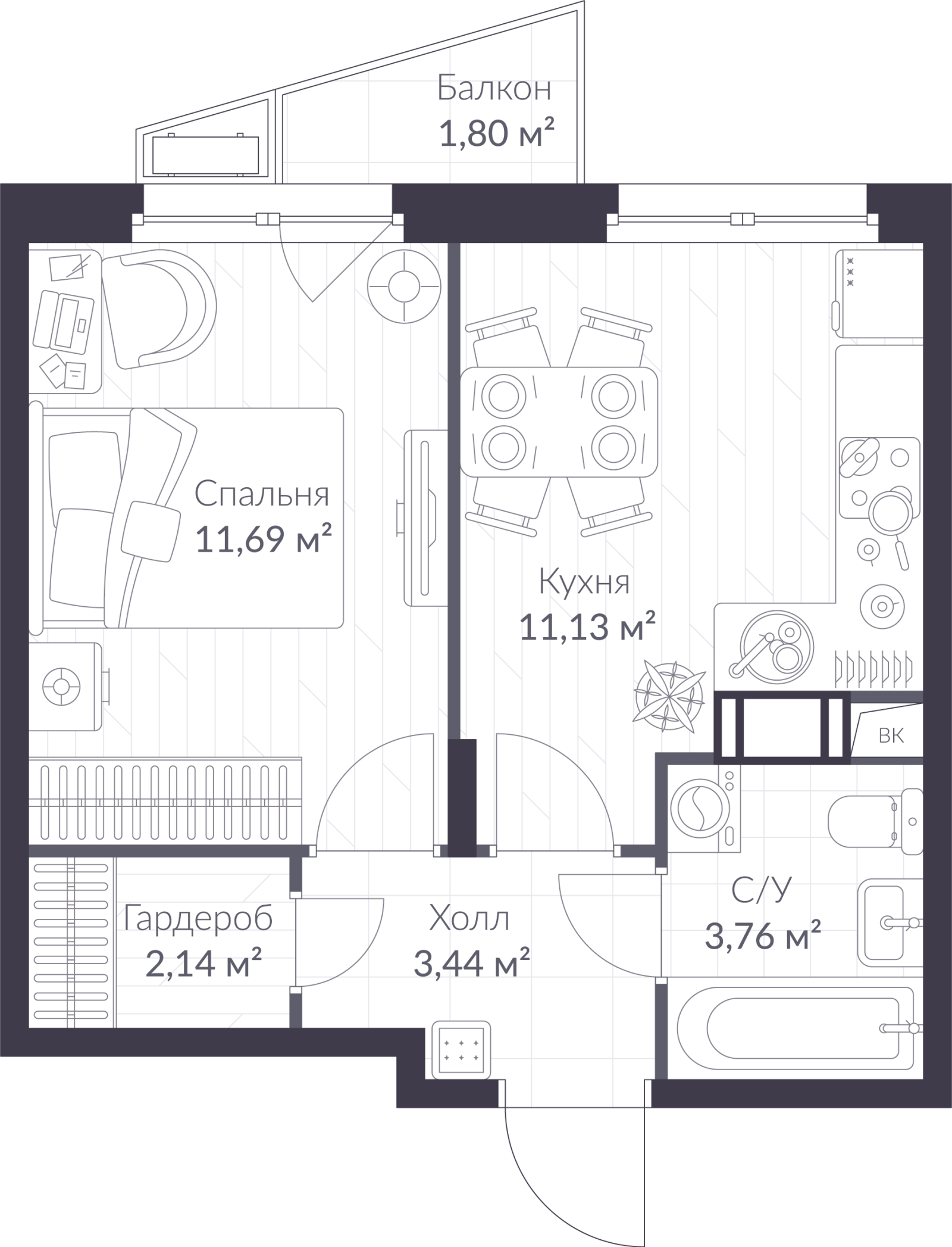 Планировка: 1-комнатная квартира, 32,7 м²