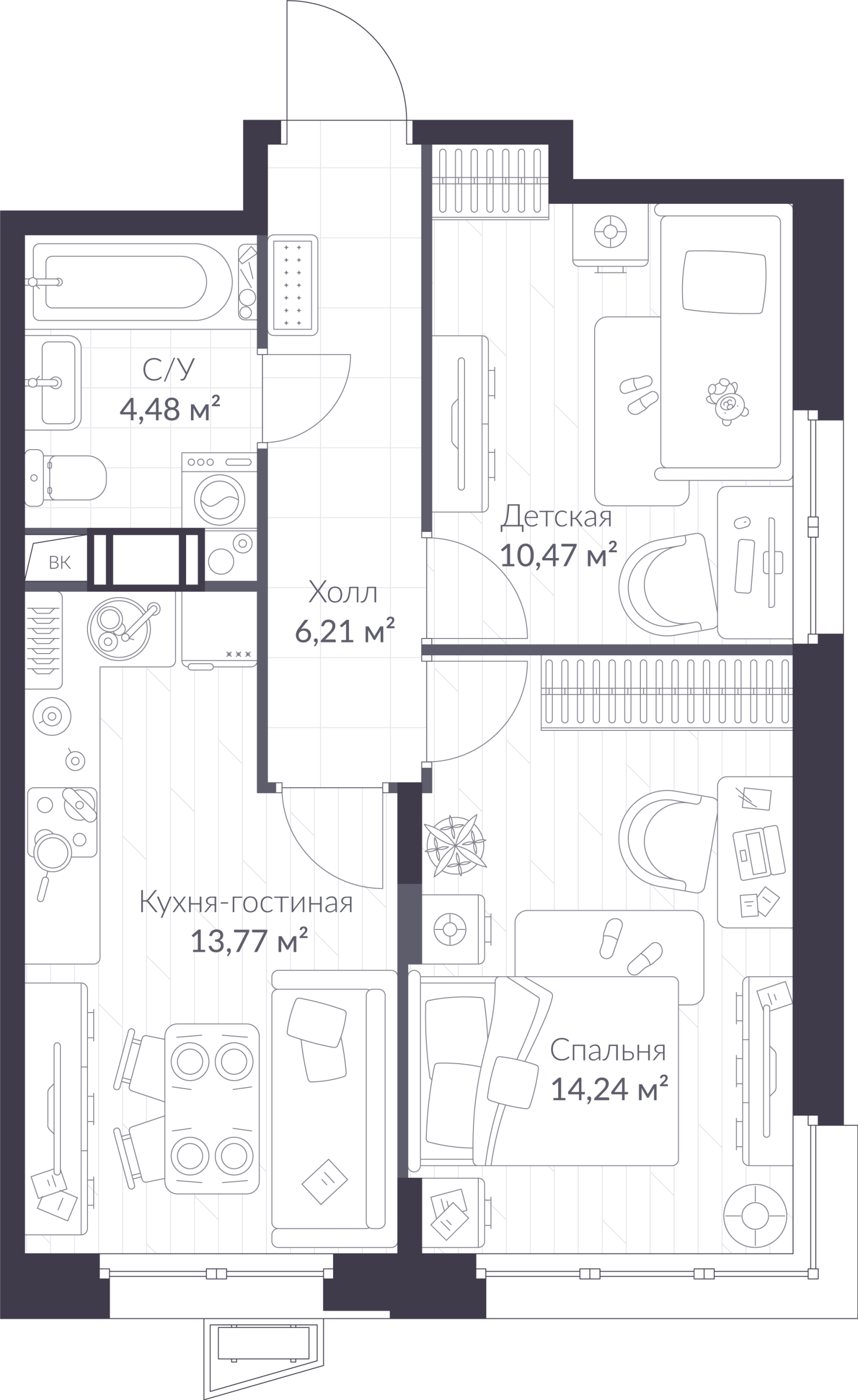 Планировка: 3-комнатная квартира, 49,2 м²
