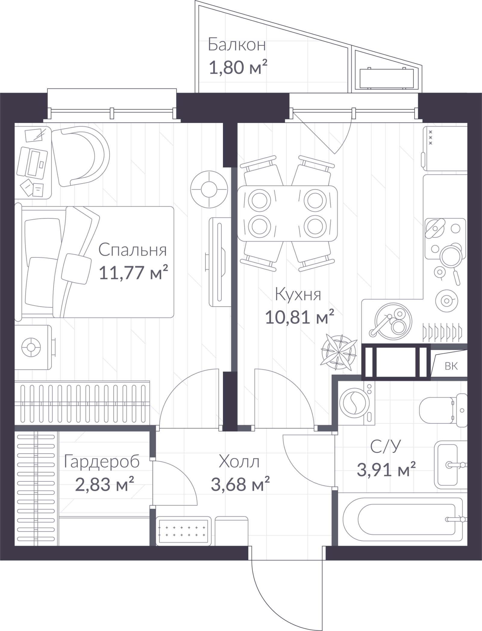 Планировка: 1-комнатная квартира, 33,5 м²
