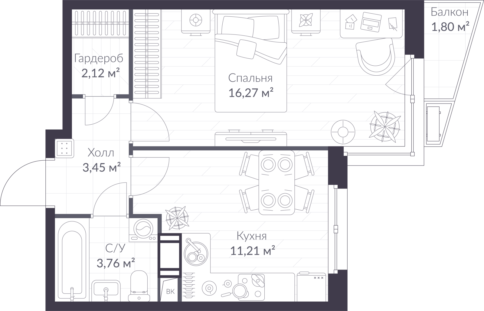 Планировка: 1-комнатная квартира, 37,4 м²