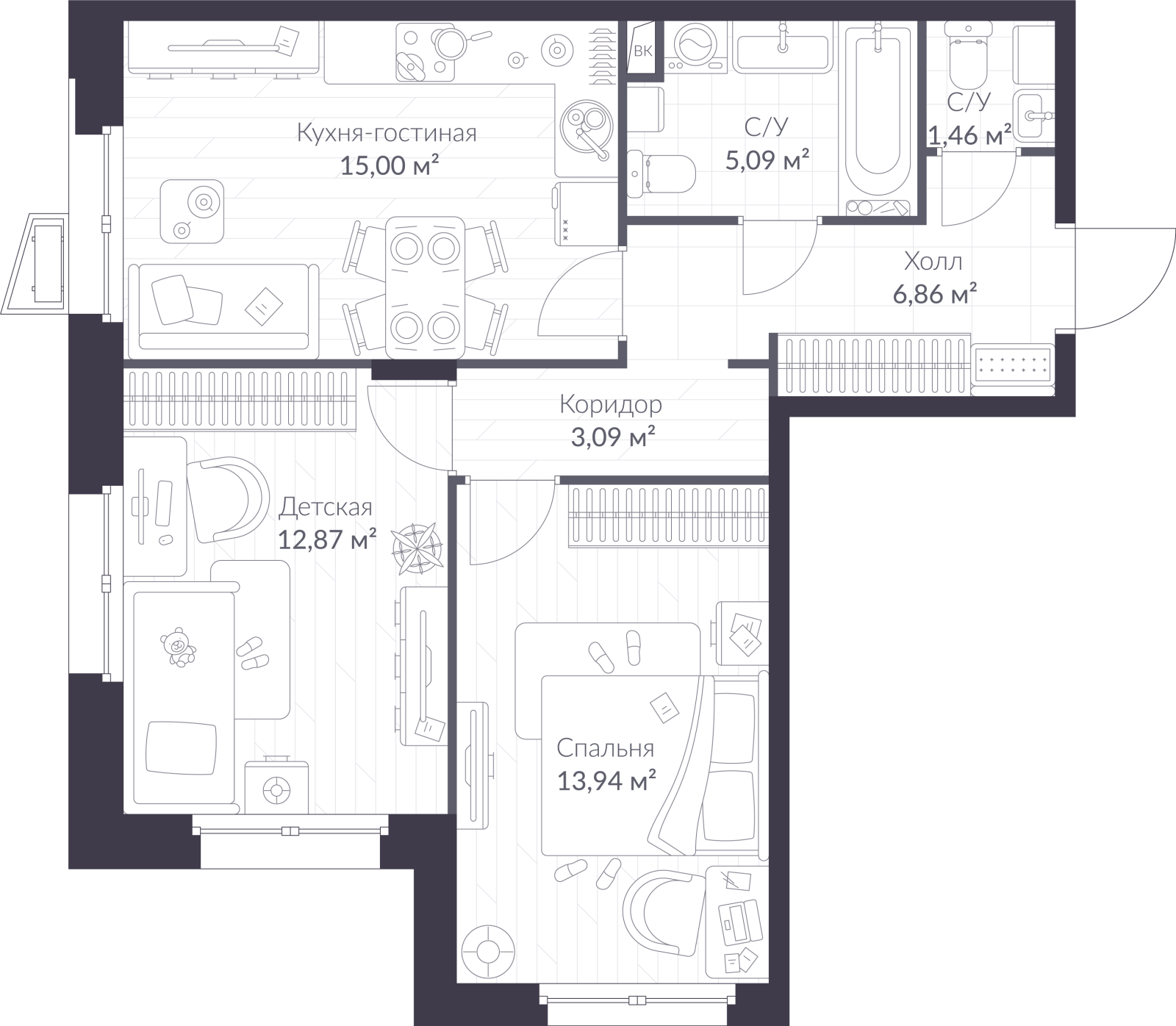 Планировка: 3-комнатная квартира, 58,3 м²
