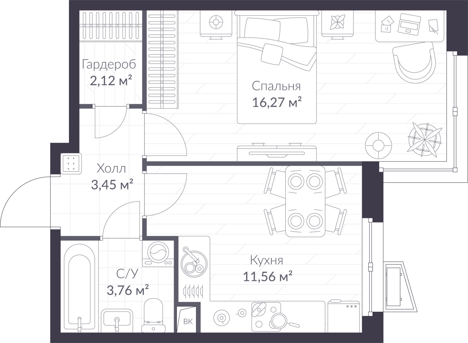 Планировка: 1-комнатная квартира, 37,2 м²
