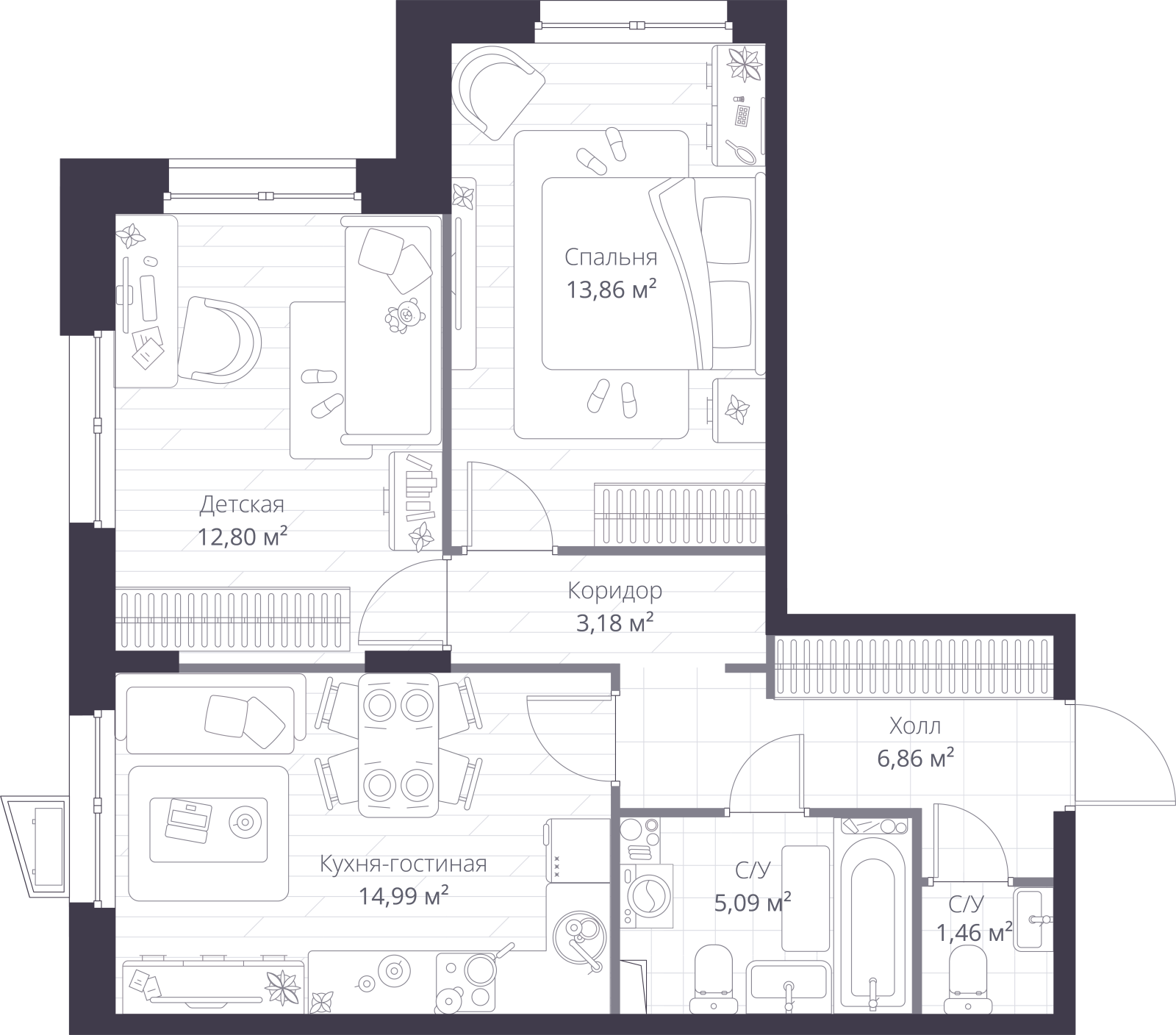 Планировка: 3-комнатная квартира, 58,2 м²