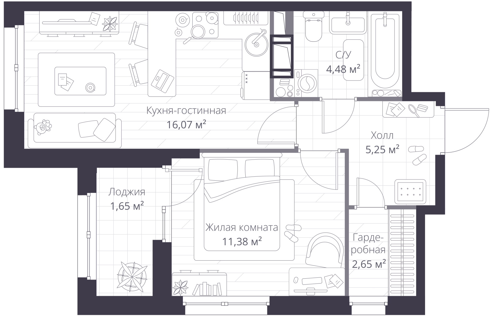 Планировка: 2-комнатная квартира, 41,6 м²