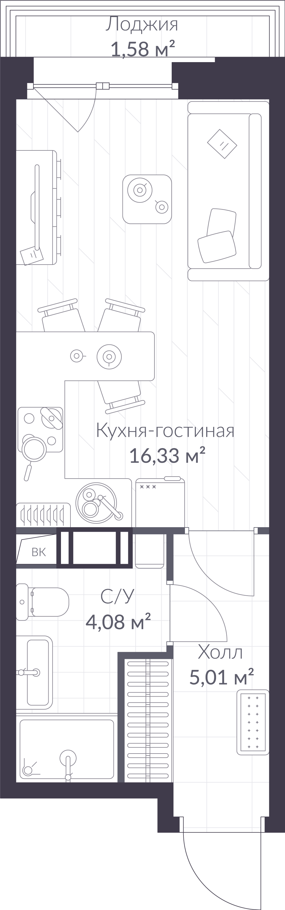 Планировка: студия, 26,2 м²