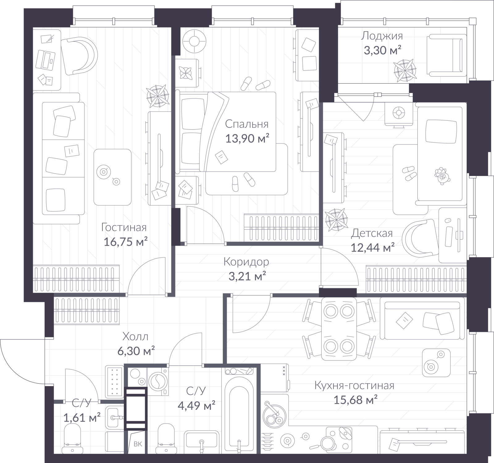 Планировка: 4-комнатная квартира, 76,0 м²
