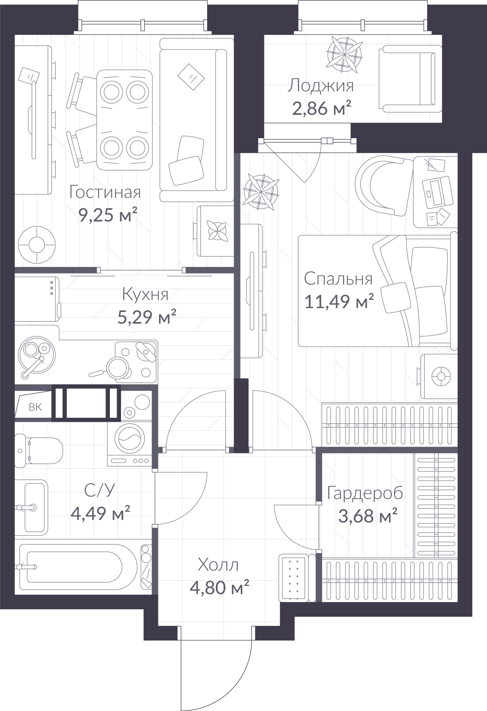 Планировка: 2-комнатная квартира, 40,4 м²
