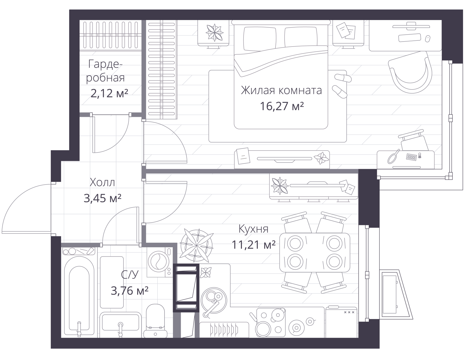 Планировка: 1-комнатная квартира, 36,9 м²