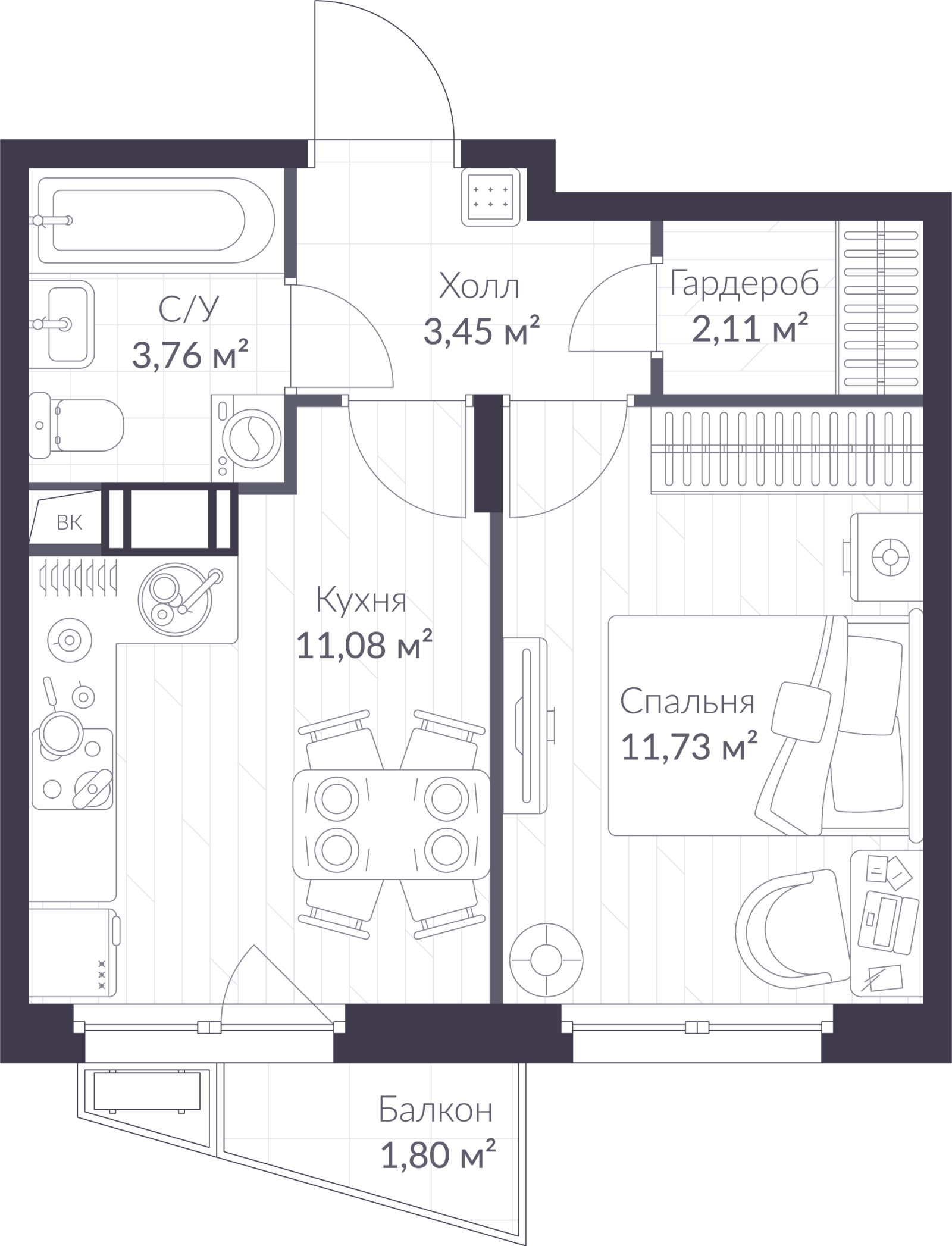 Планировка: 1-комнатная квартира, 32,7 м²