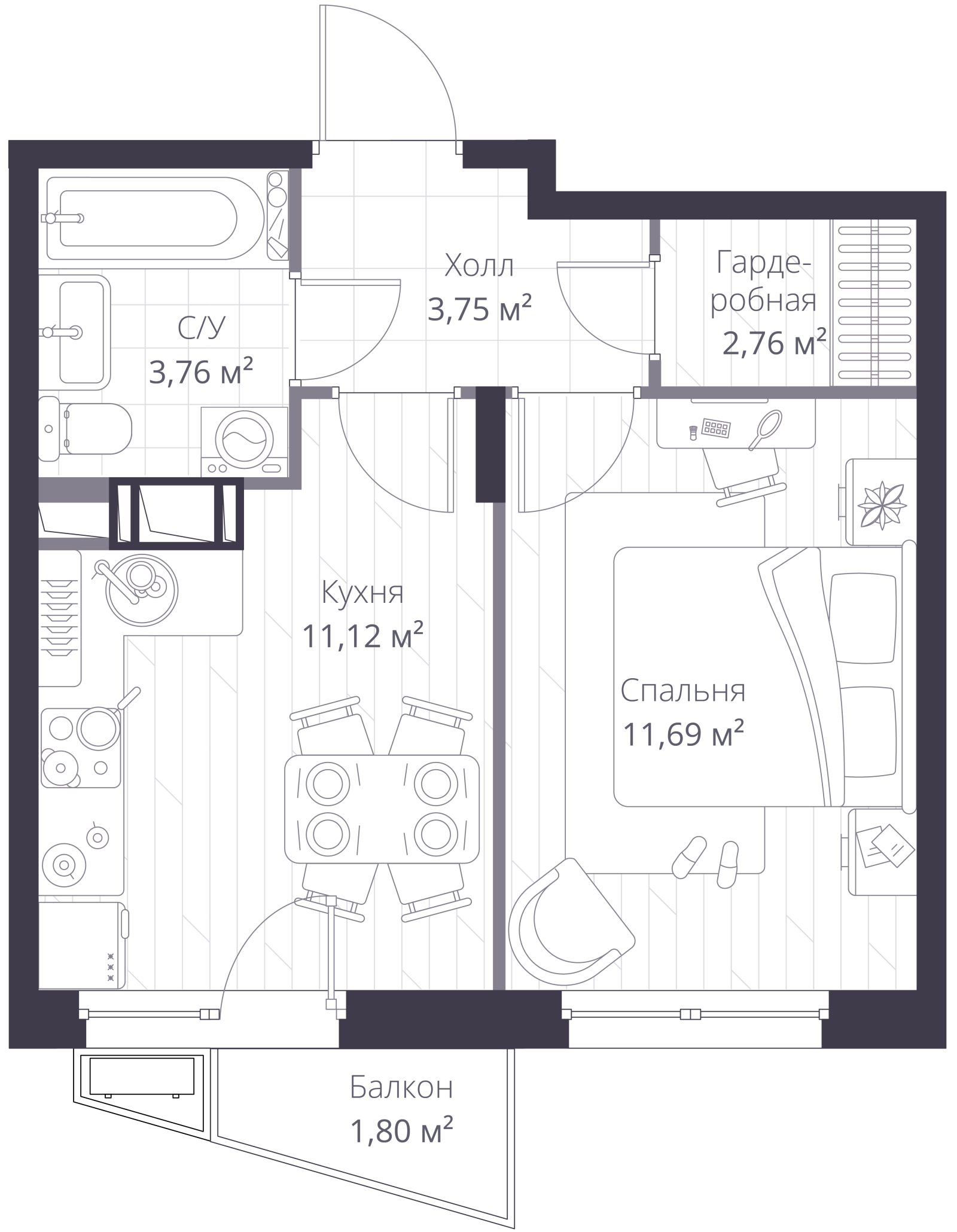 Планировка: 1-комнатная квартира, 33,9 м²