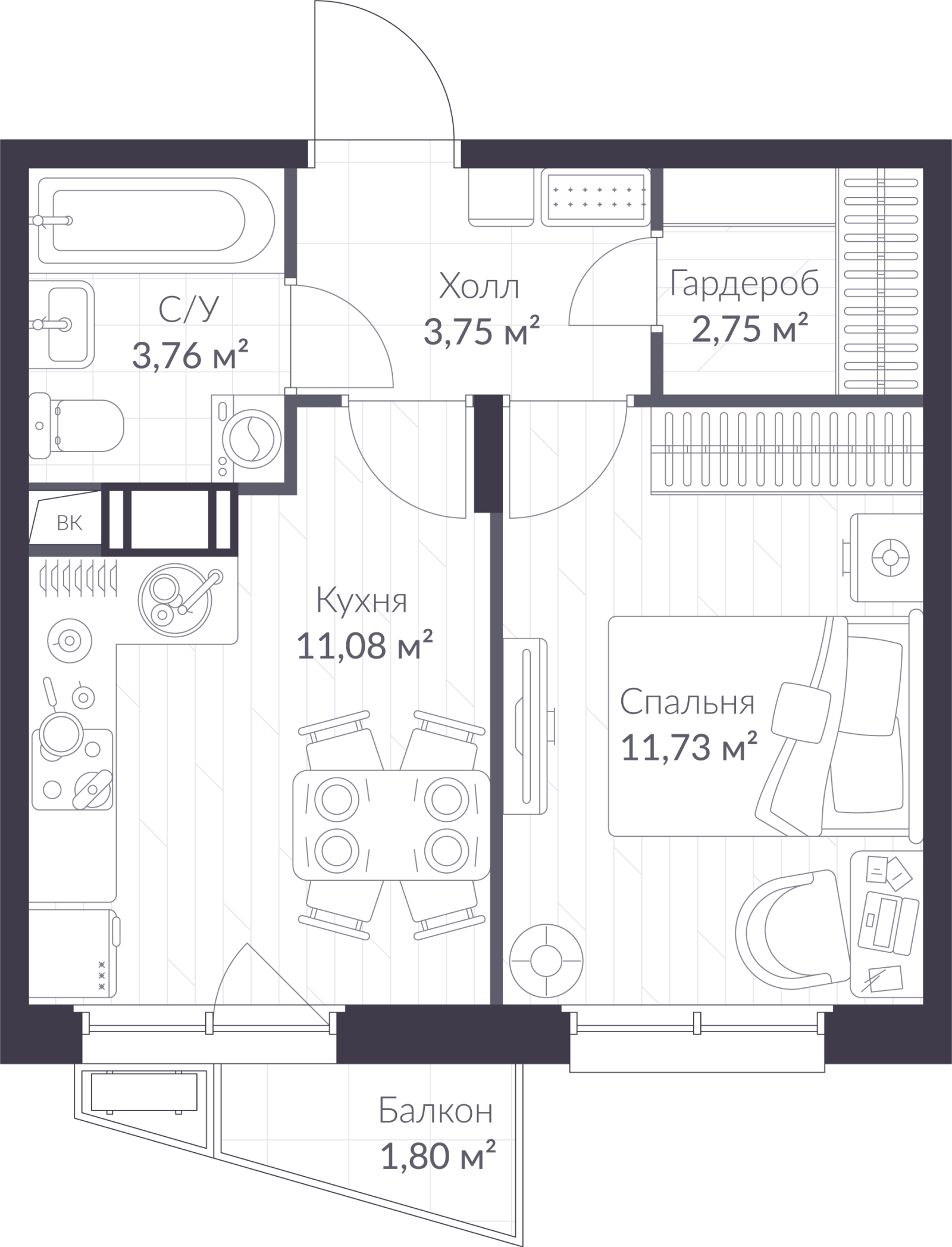 Планировка: 1-комнатная квартира, 33,6 м²
