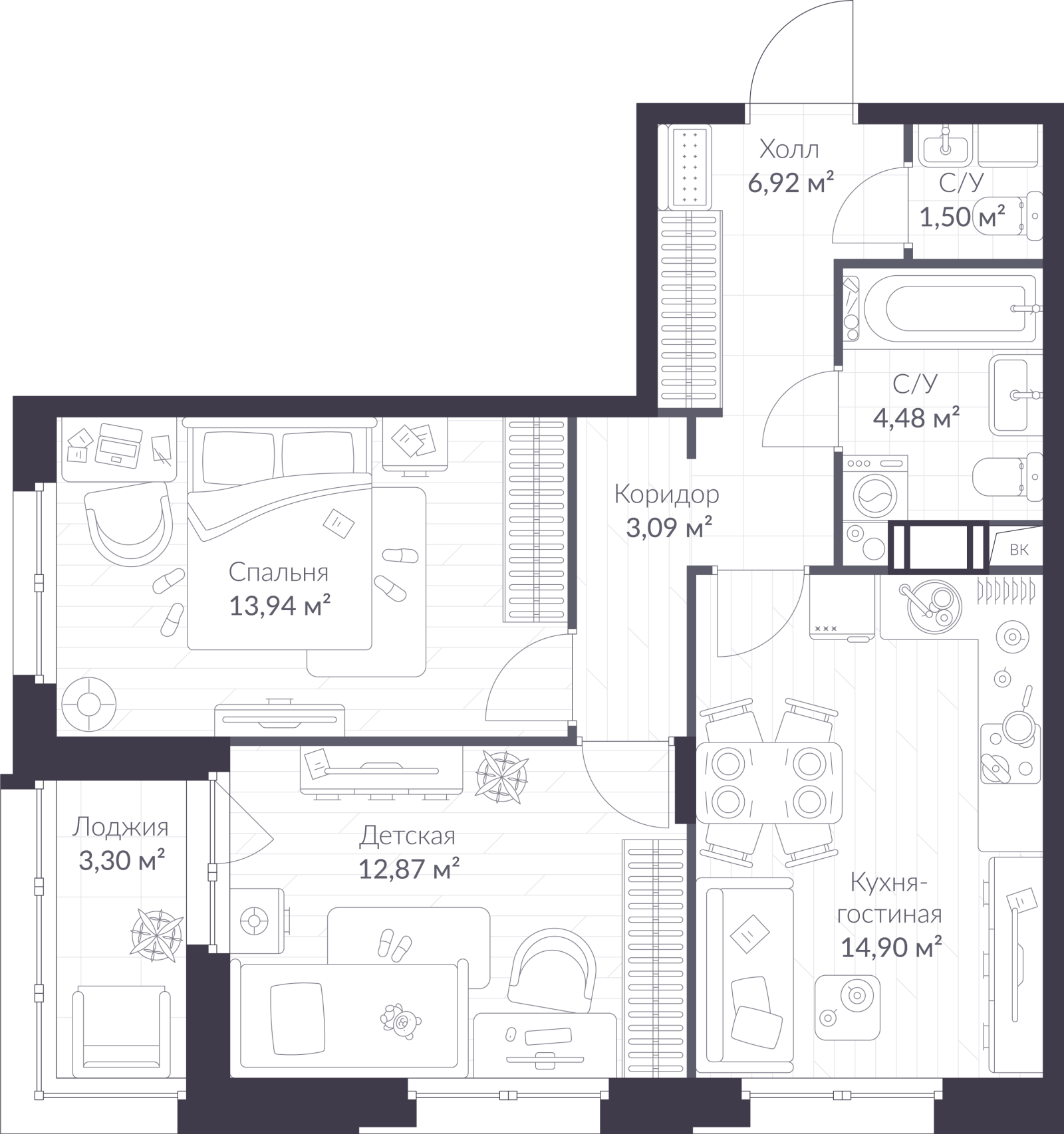 Планировка: 3-комнатная квартира, 59,4 м²
