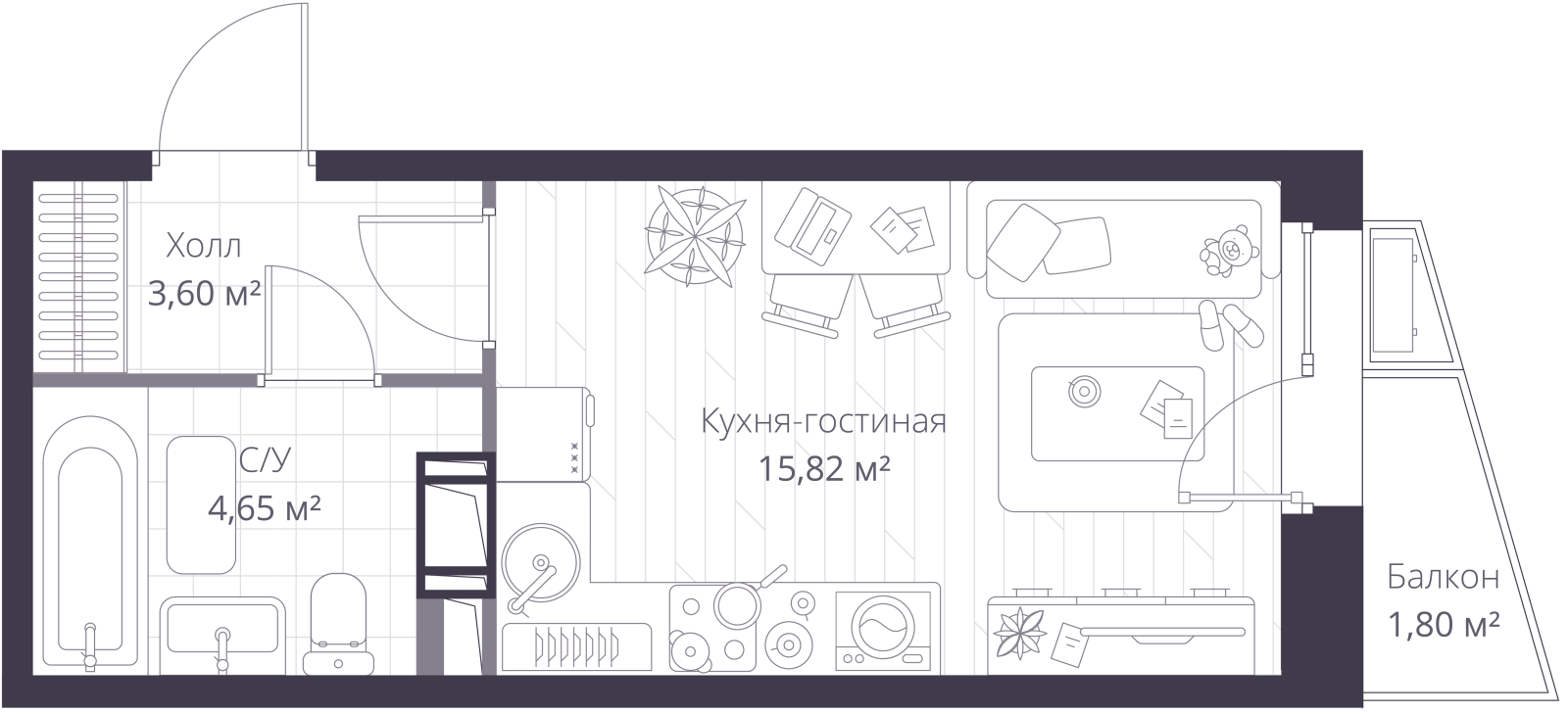 Планировка: студия, 24,7 м²