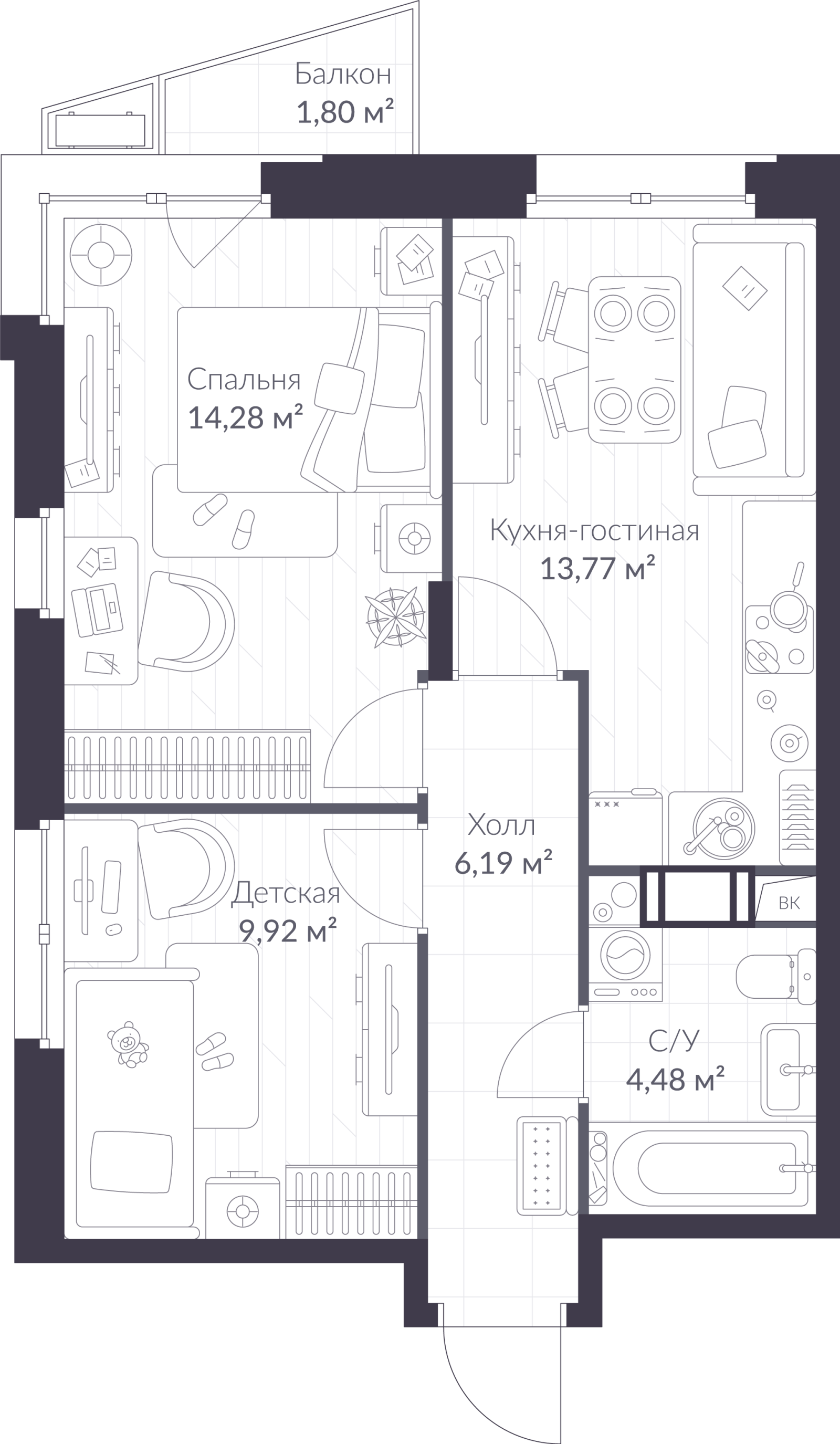 Планировка: 3-комнатная квартира, 49,2 м²