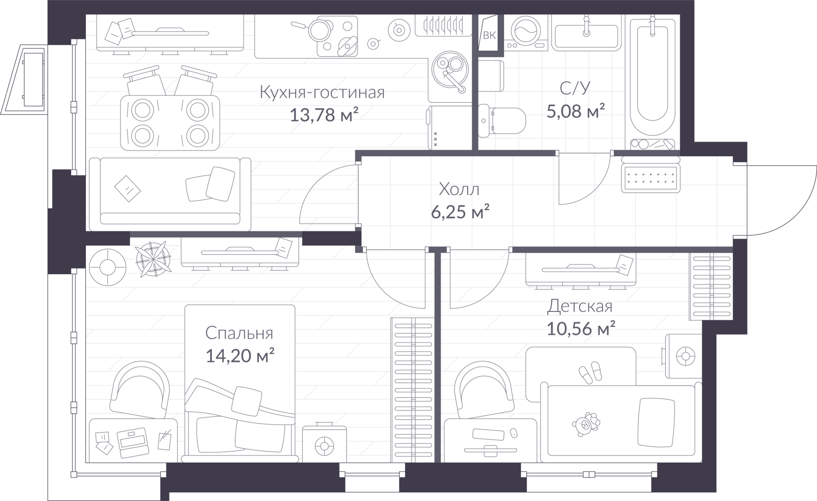 Планировка: 3-комнатная квартира, 49,9 м²