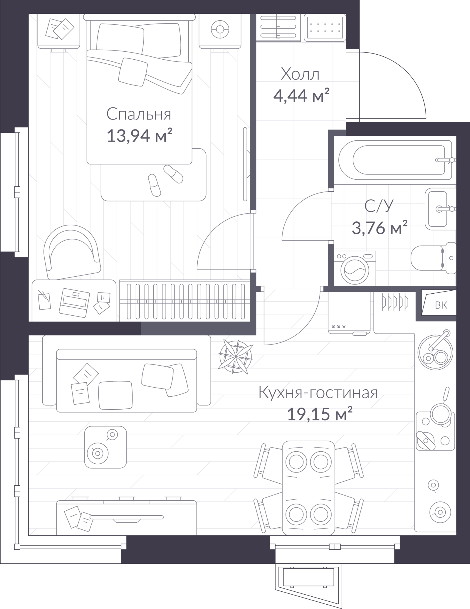 Планировка: 2-комнатная квартира, 41,3 м²