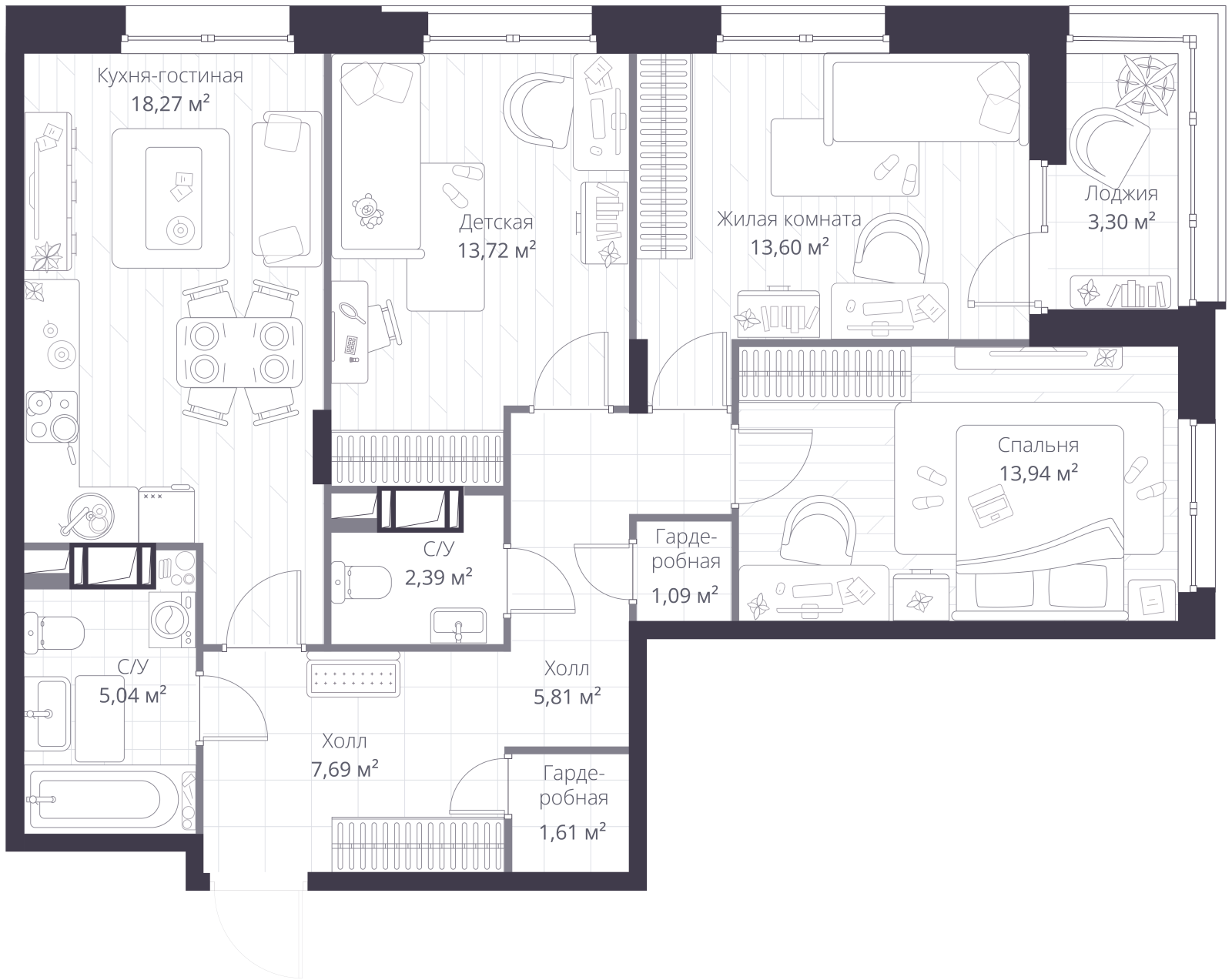 Планировка: 4-комнатная квартира, 85,5 м²