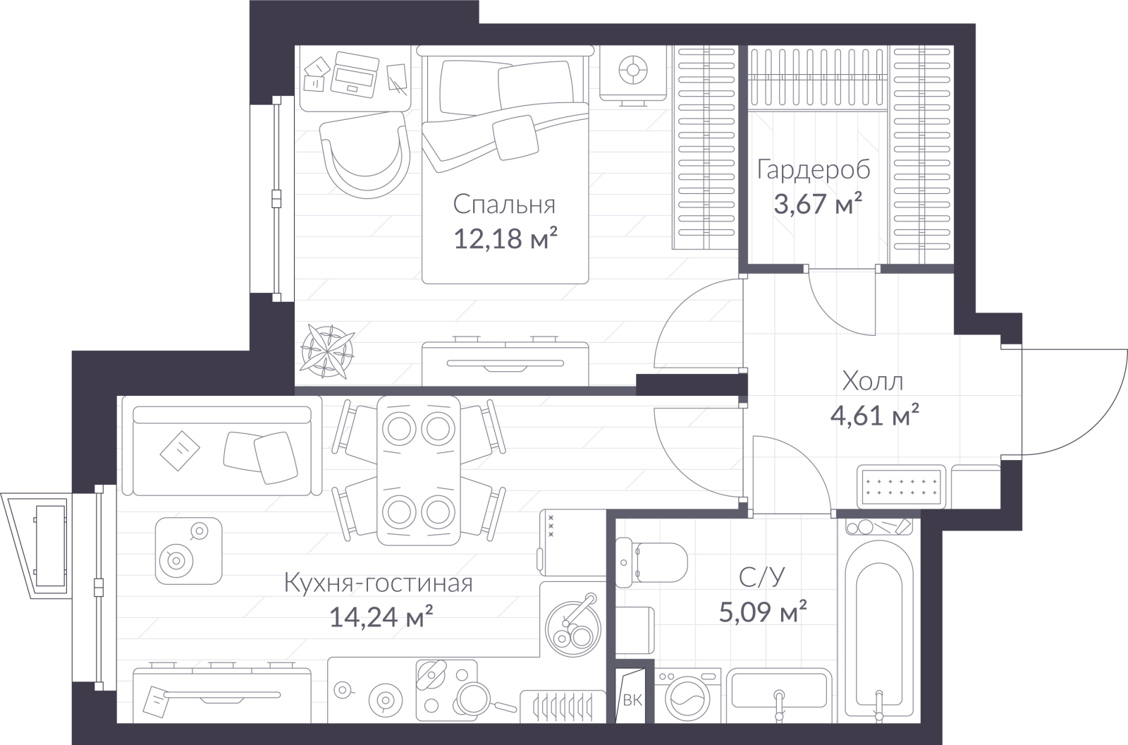 Планировка: 2-комнатная квартира, 39,8 м²