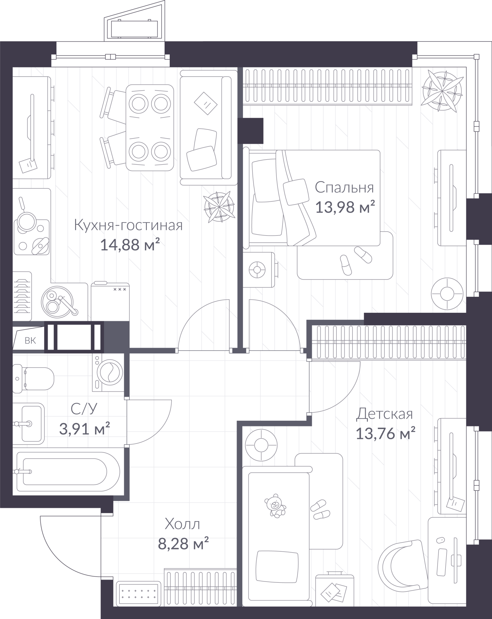 Планировка: 3-комнатная квартира, 54,8 м²