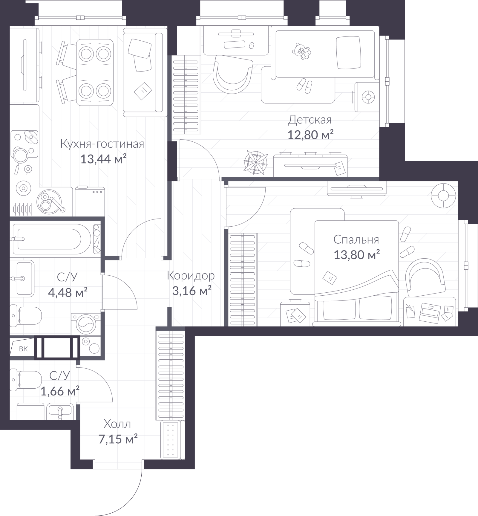 Планировка: 3-комнатная квартира, 56,5 м²