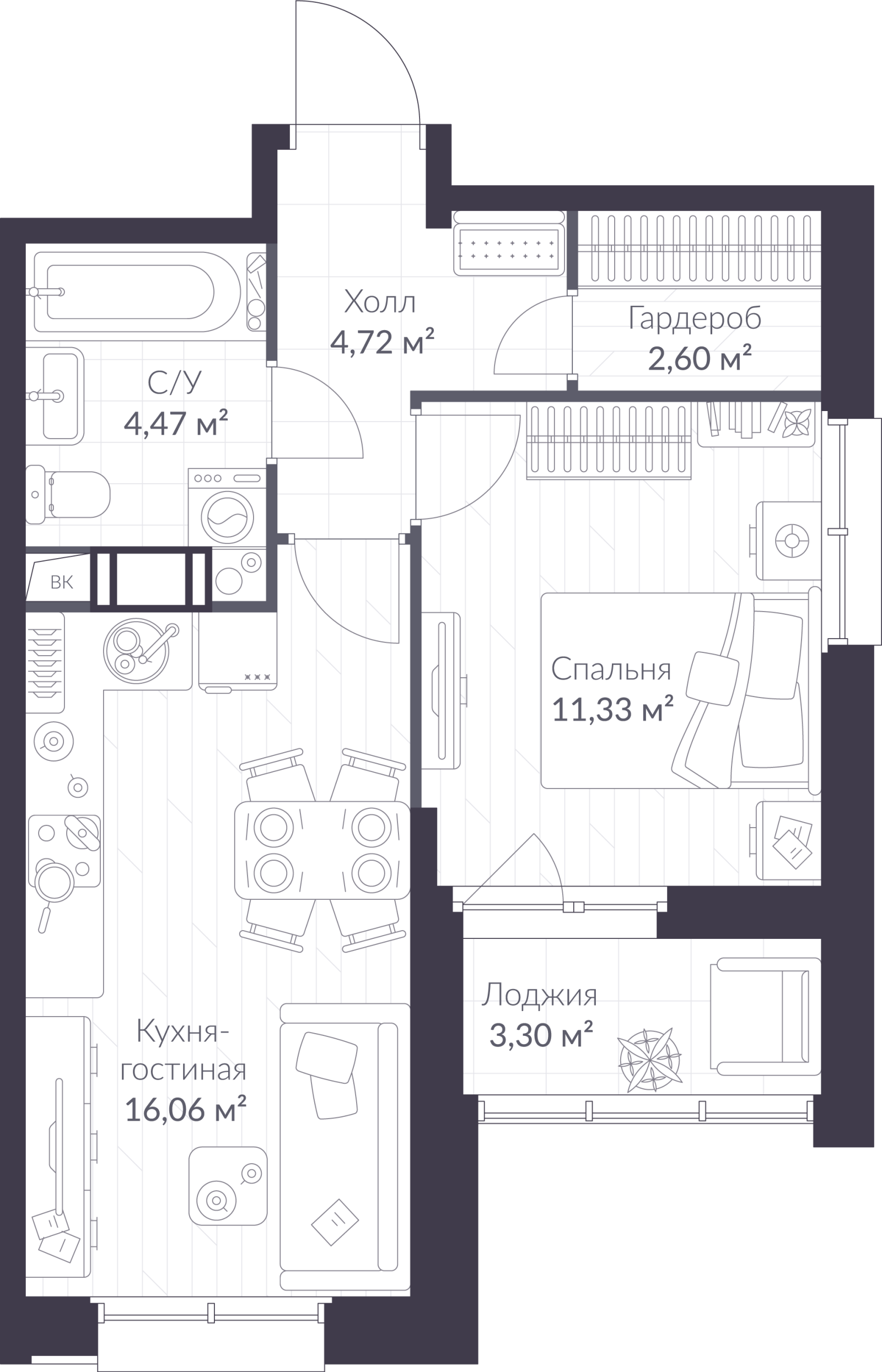 Планировка: 2-комнатная квартира, 40,8 м²