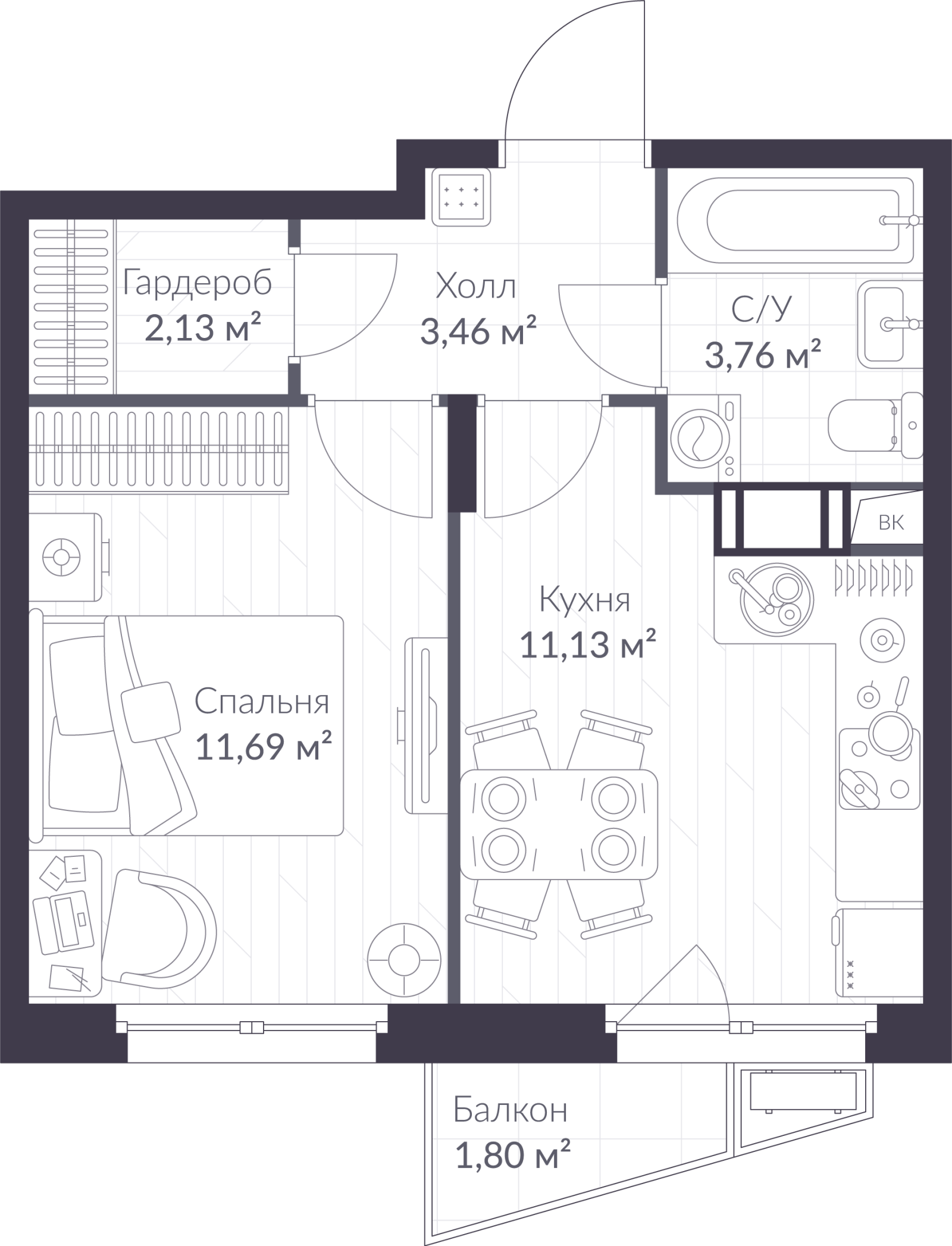 Планировка: 1-комнатная квартира, 32,7 м²