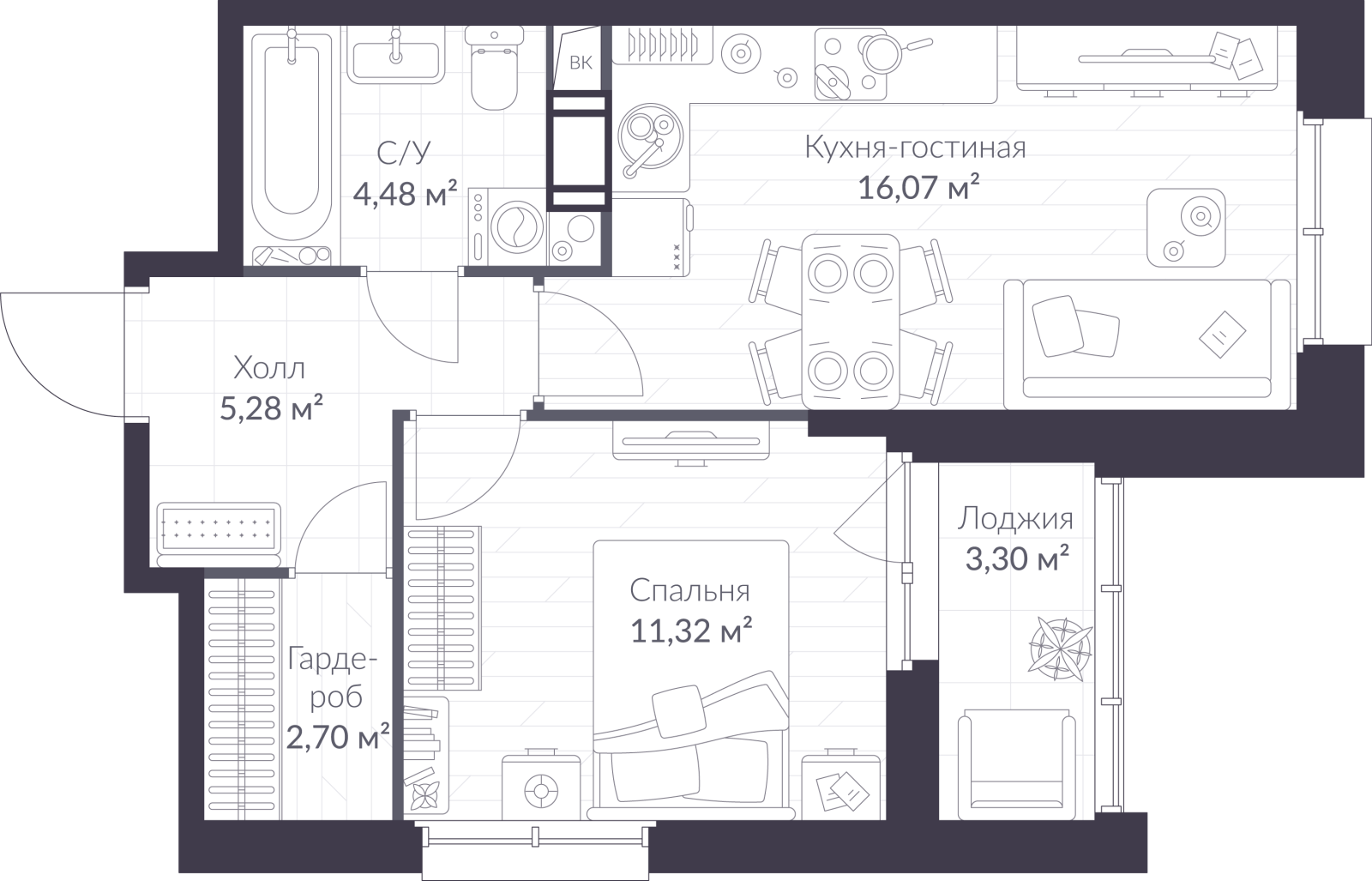 Планировка: 2-комнатная квартира, 41,5 м²