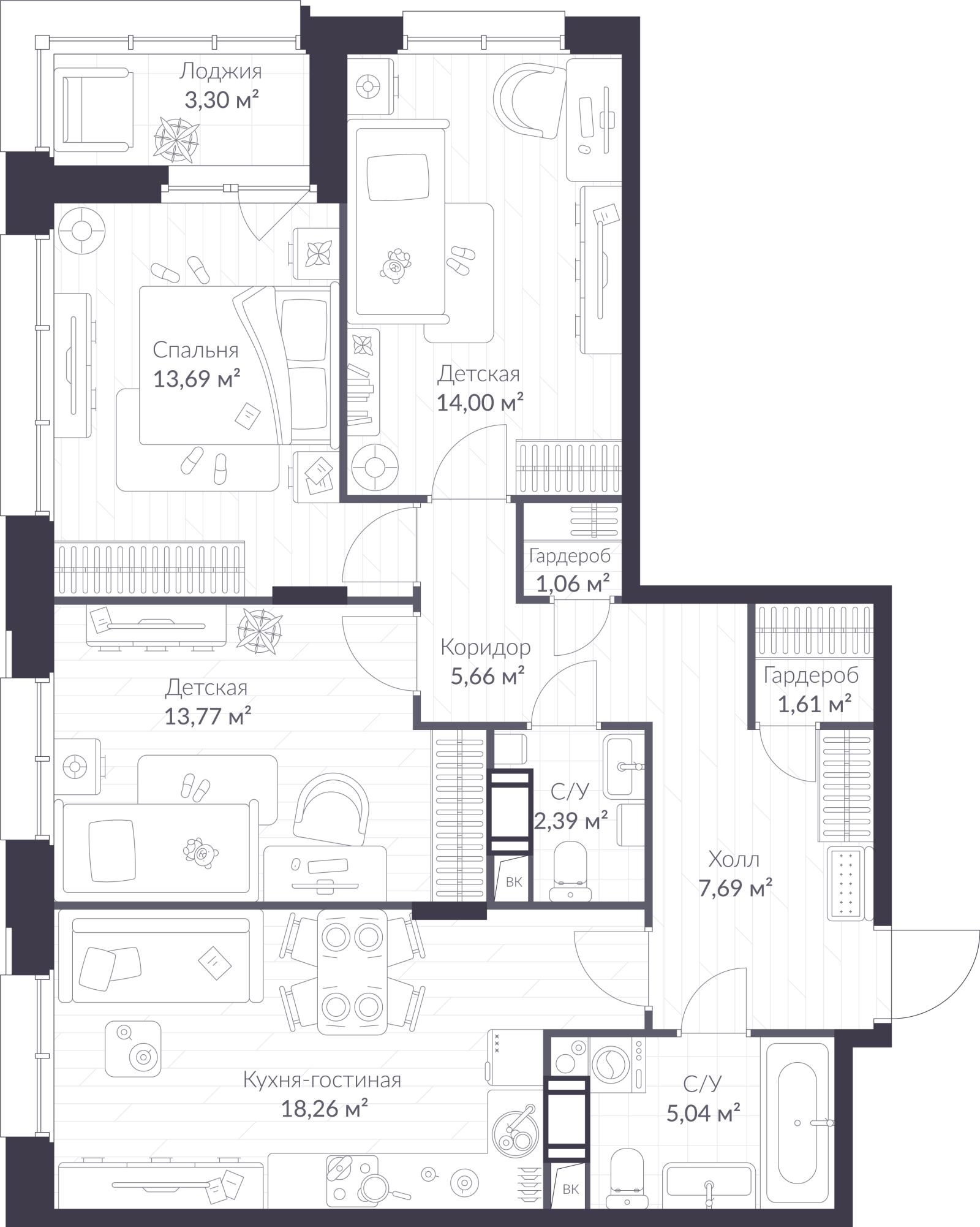 Планировка: 4-комнатная квартира, 84,8 м²