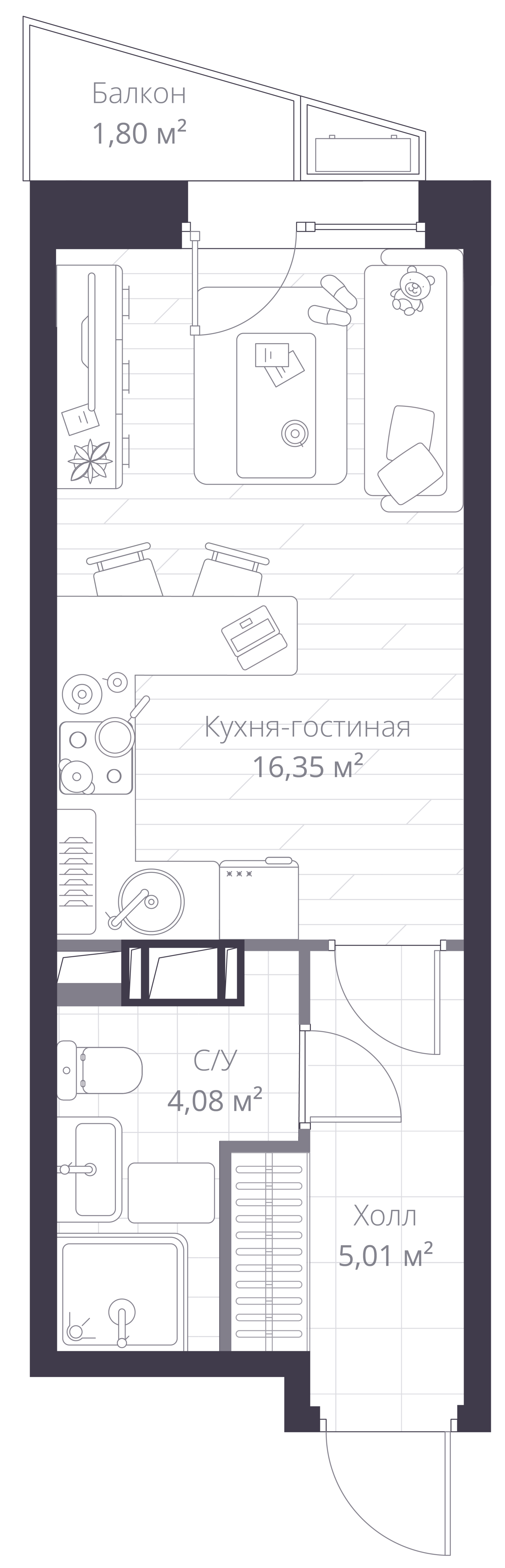 Планировка: студия, 26,1 м²