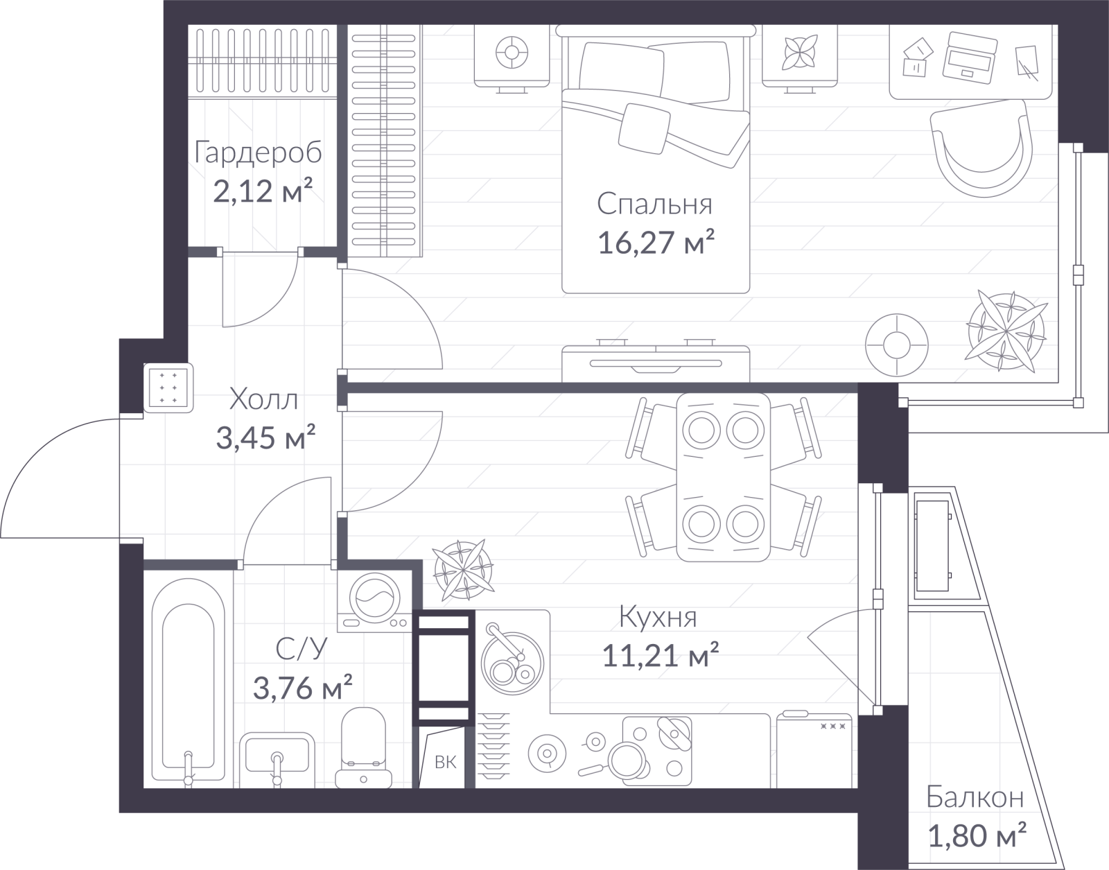 Планировка: 1-комнатная квартира, 37,4 м²