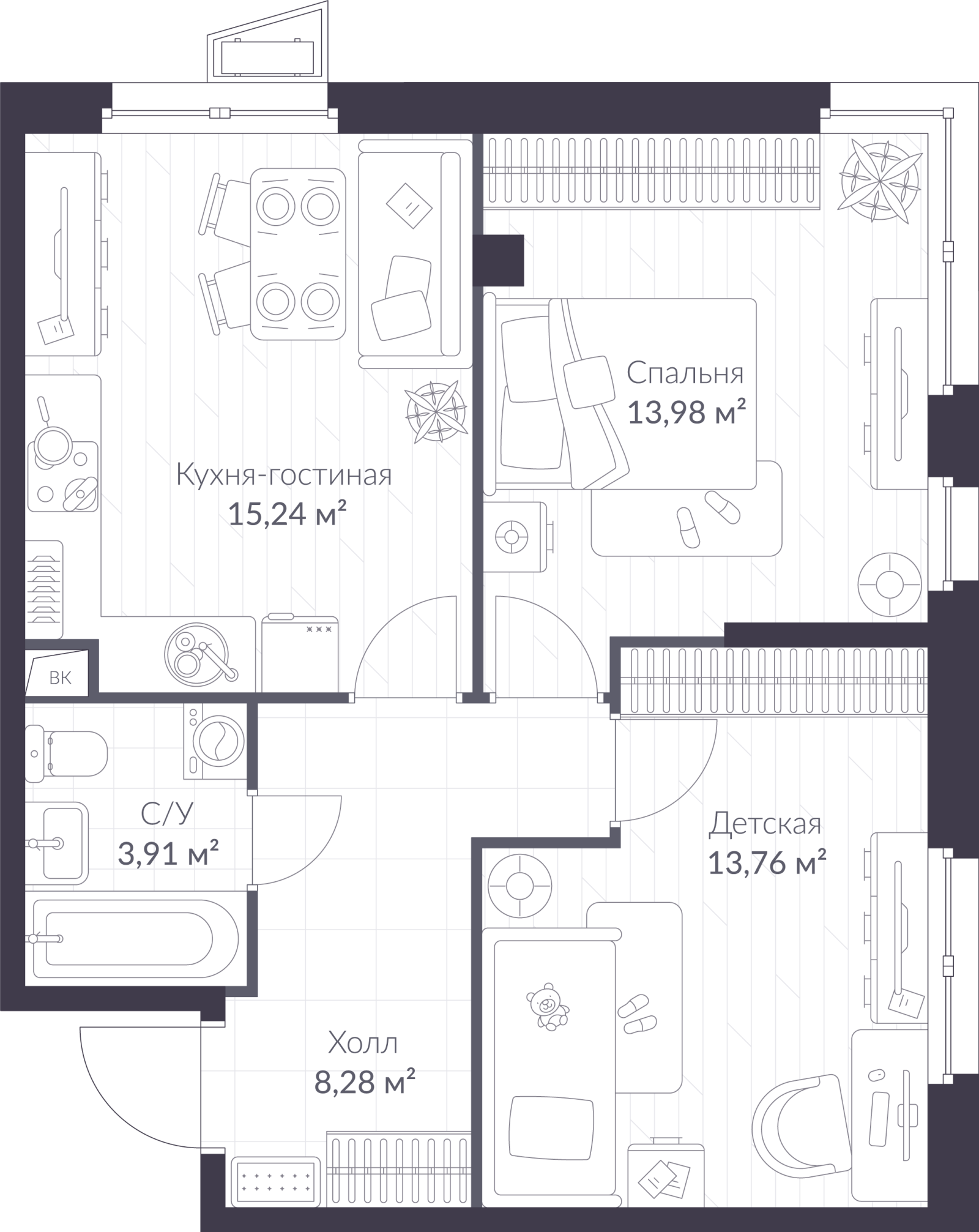 Планировка: 3-комнатная квартира, 55,2 м²