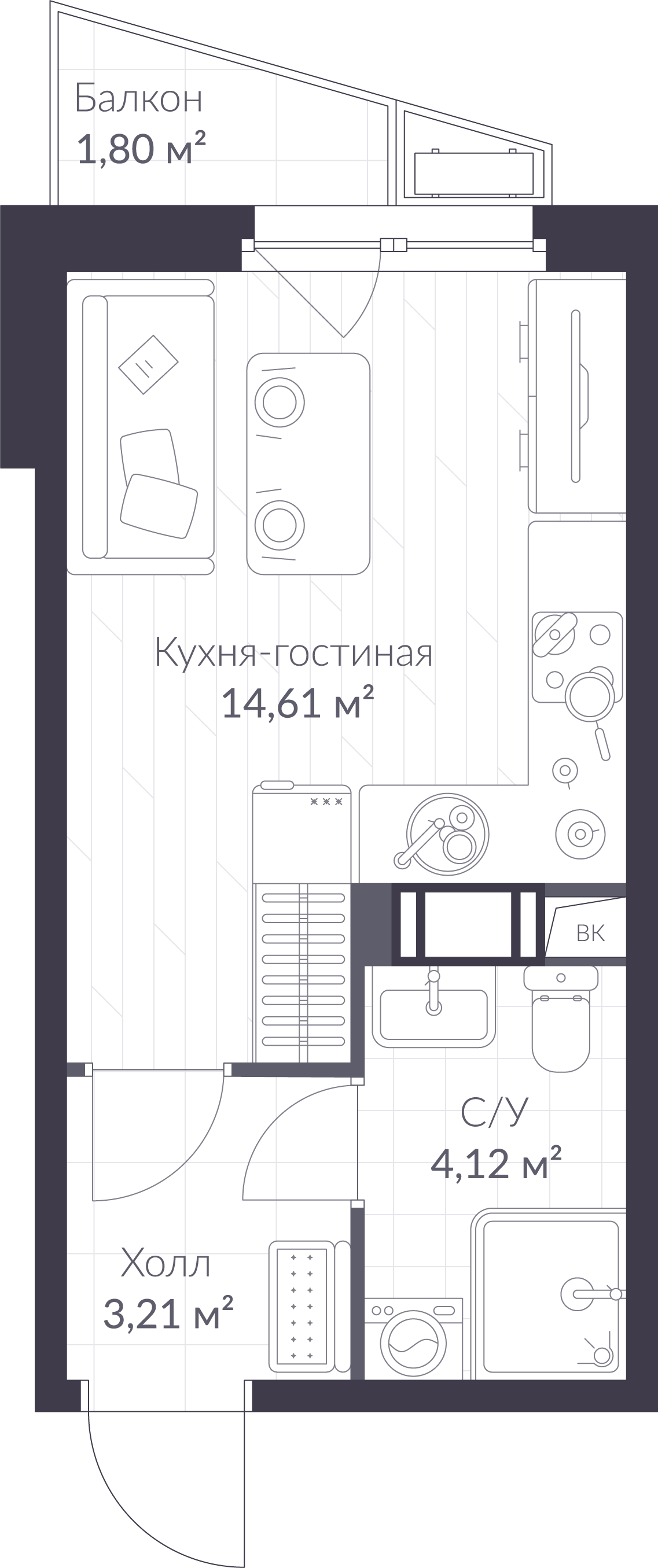 Планировка: студия, 22,5 м²