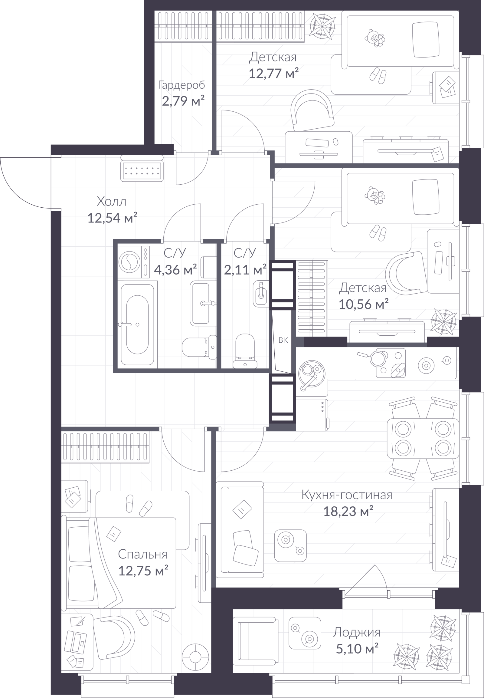 Планировка: 4-комнатная квартира, 78,7 м²