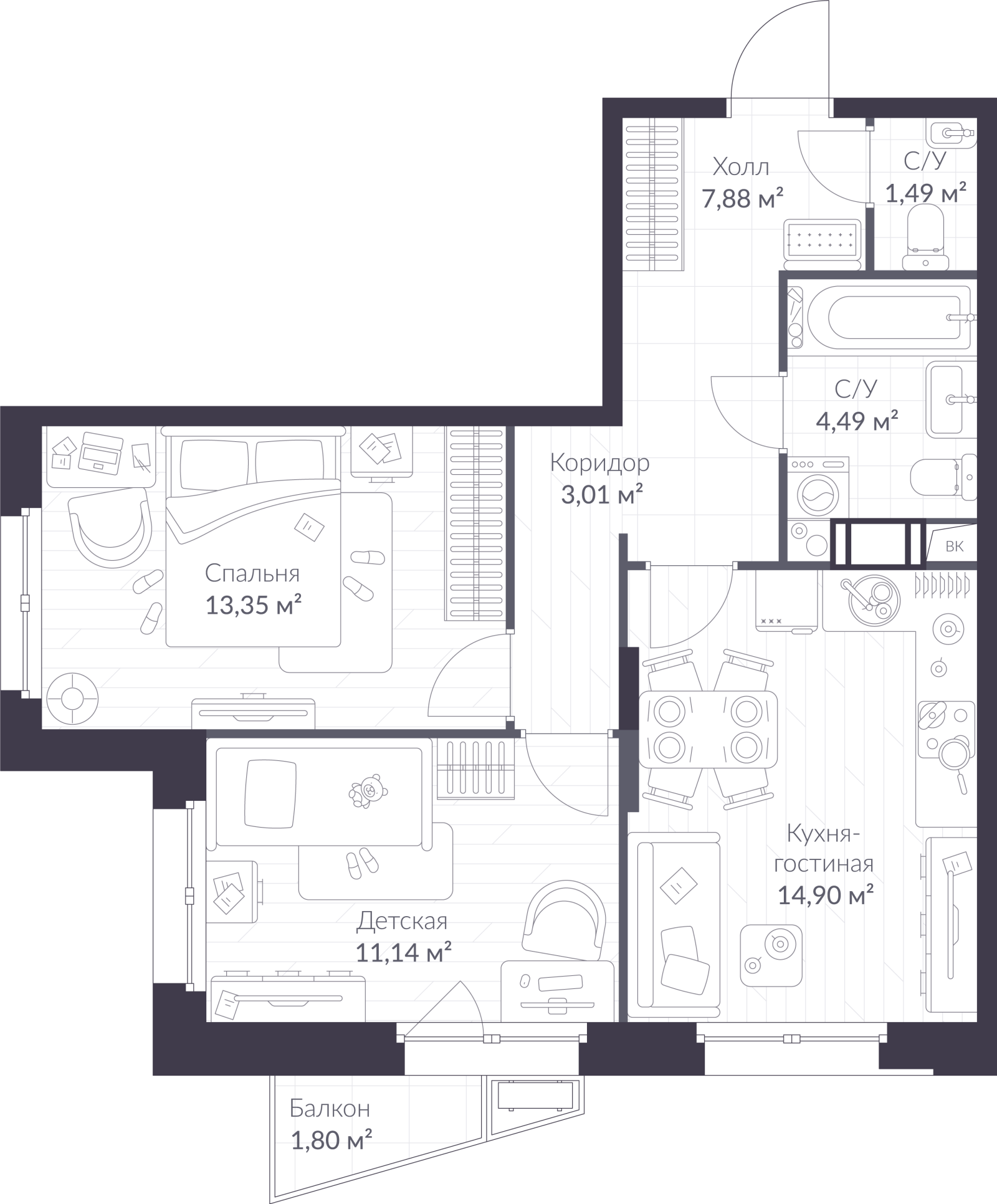 Планировка: 3-комнатная квартира, 56,8 м²