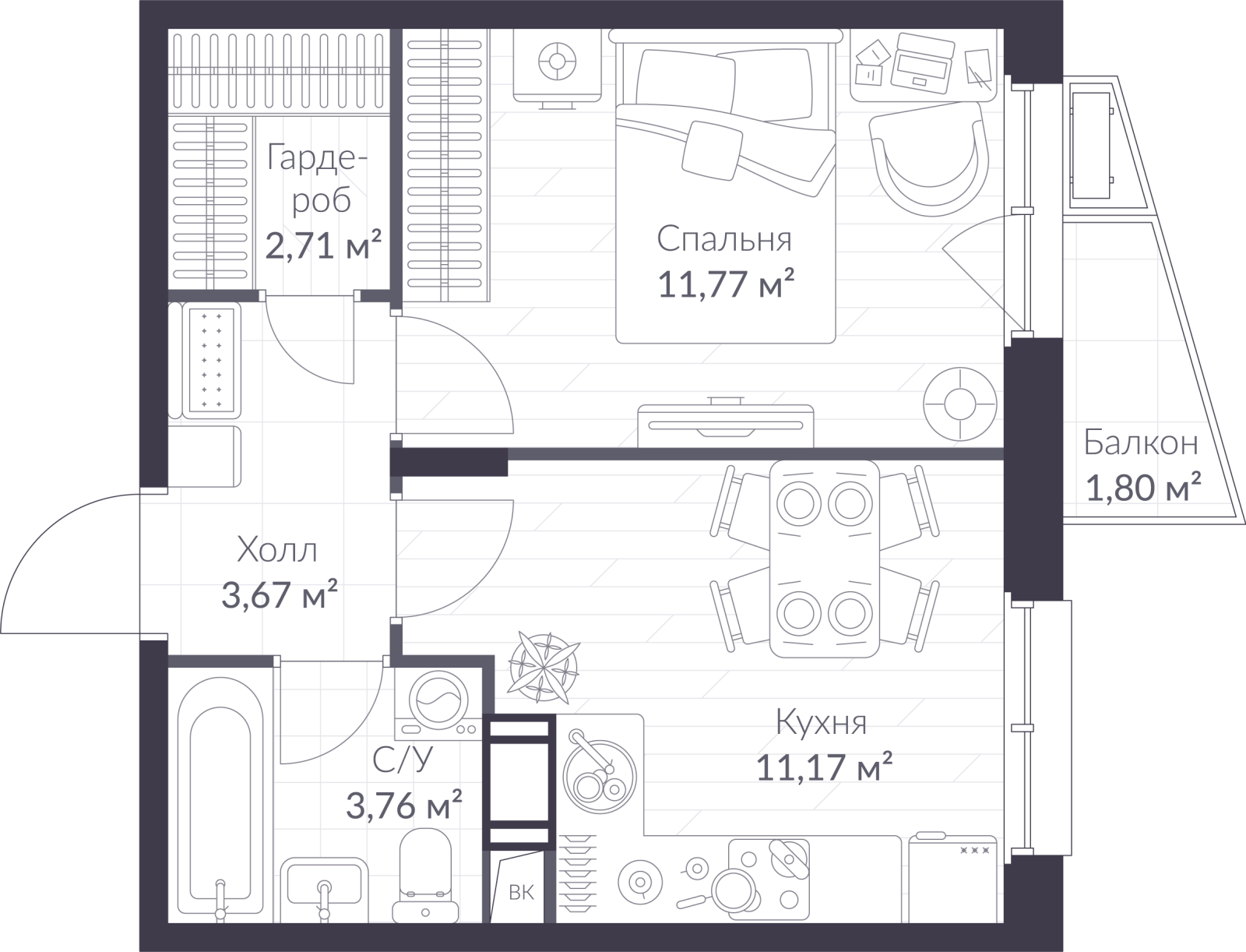 Планировка: 1-комнатная квартира, 33,6 м²