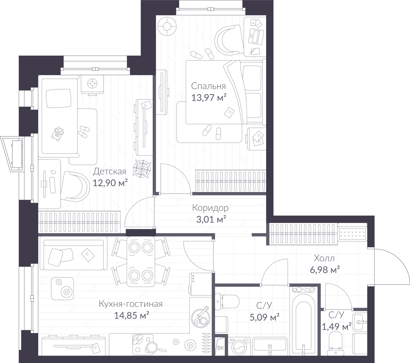 Планировка: 3-комнатная квартира, 58,3 м²