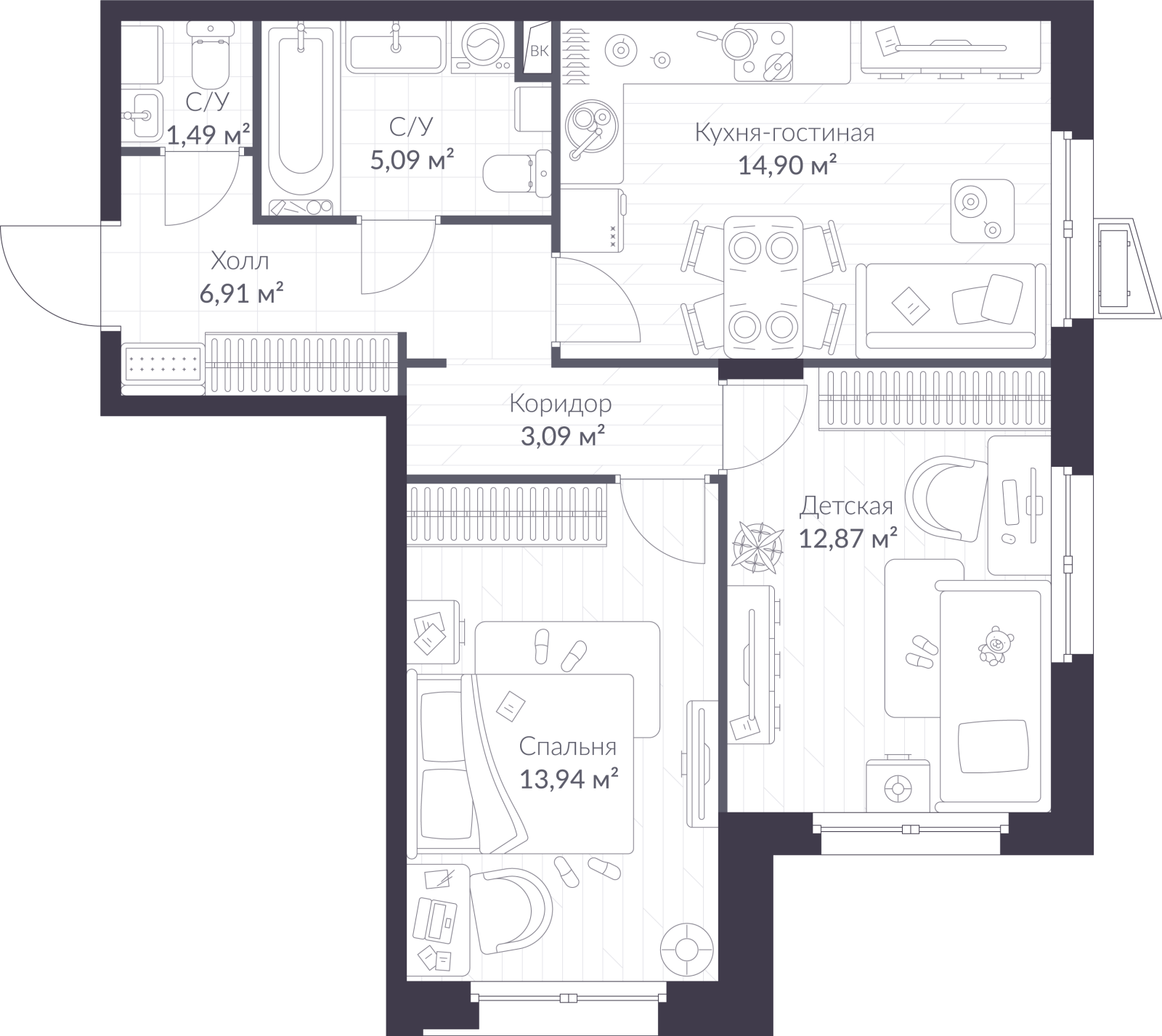 Планировка: 3-комнатная квартира, 58,3 м²