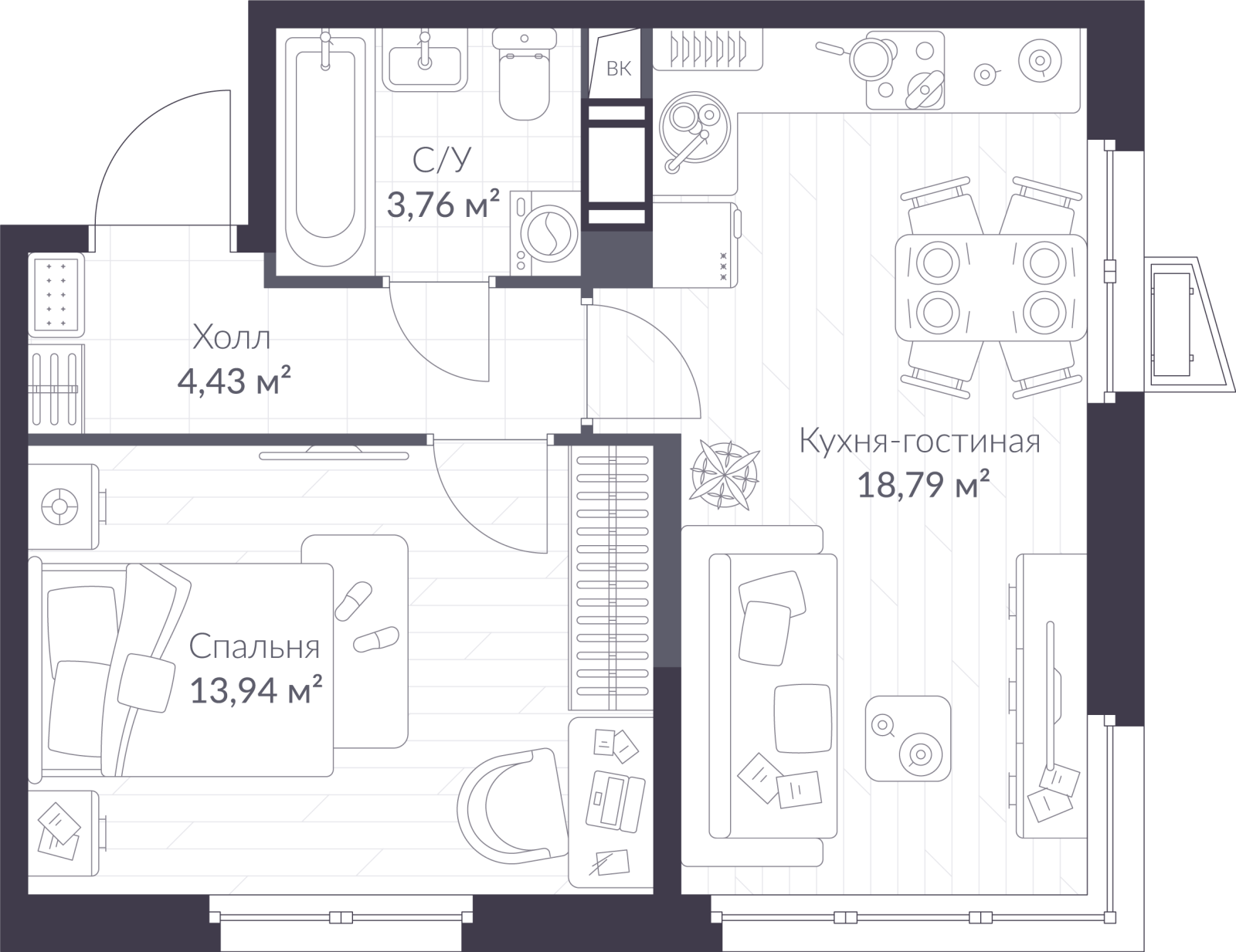 Планировка: 2-комнатная квартира, 40,9 м²